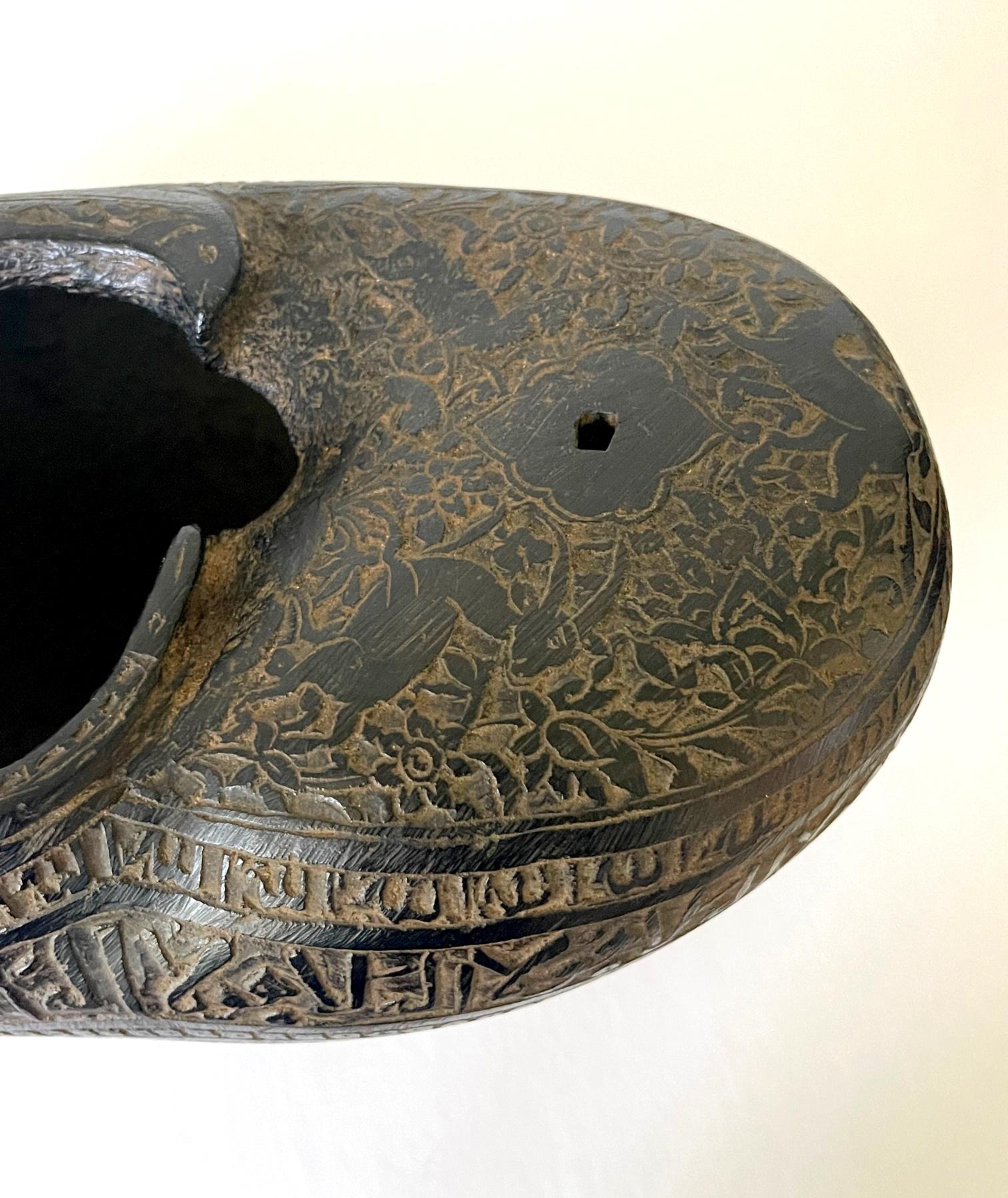 Elaborately Carved Antique Beggar's Bowl Kashkul For Sale 1