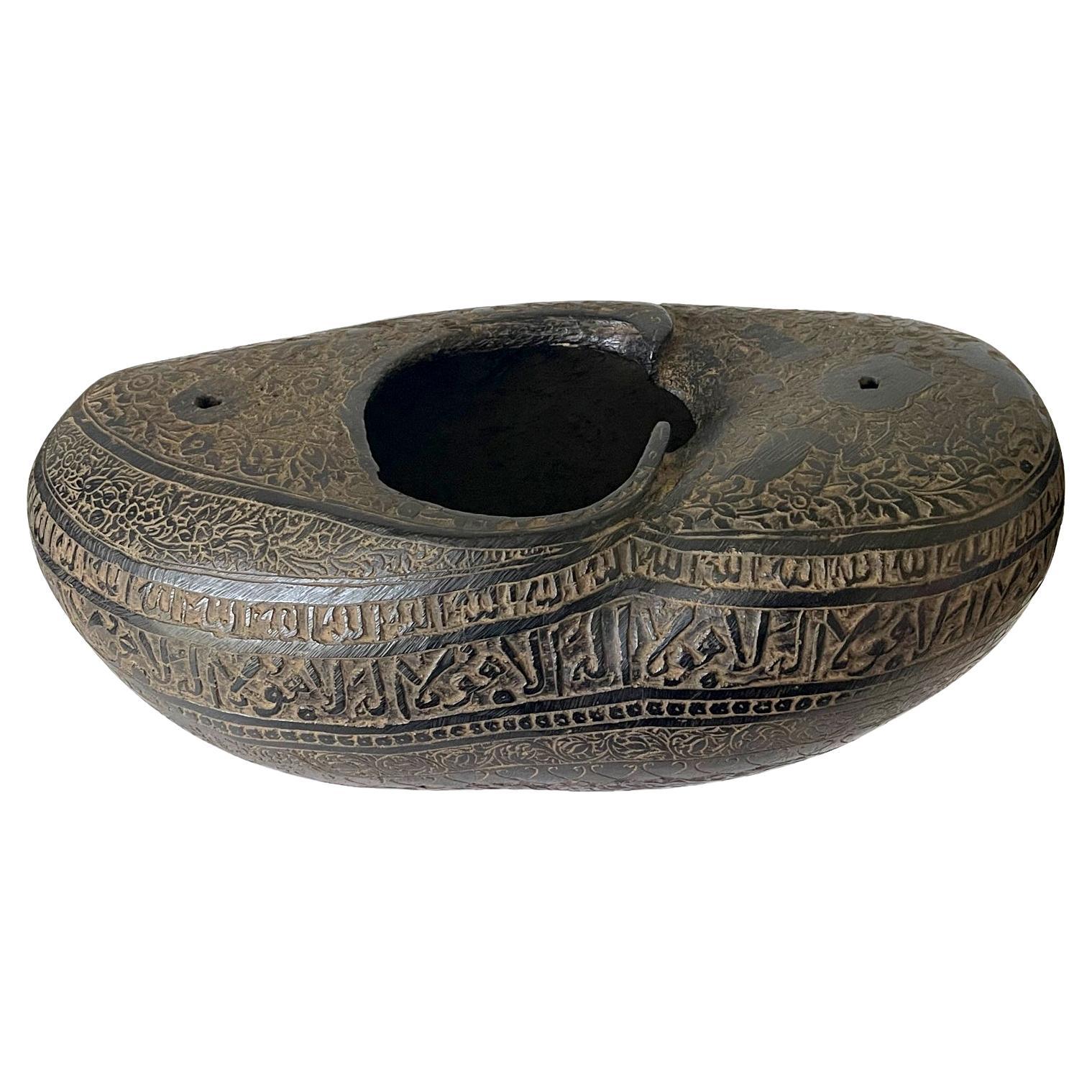 Elaborately Carved Antique Beggar's Bowl Kashkul For Sale