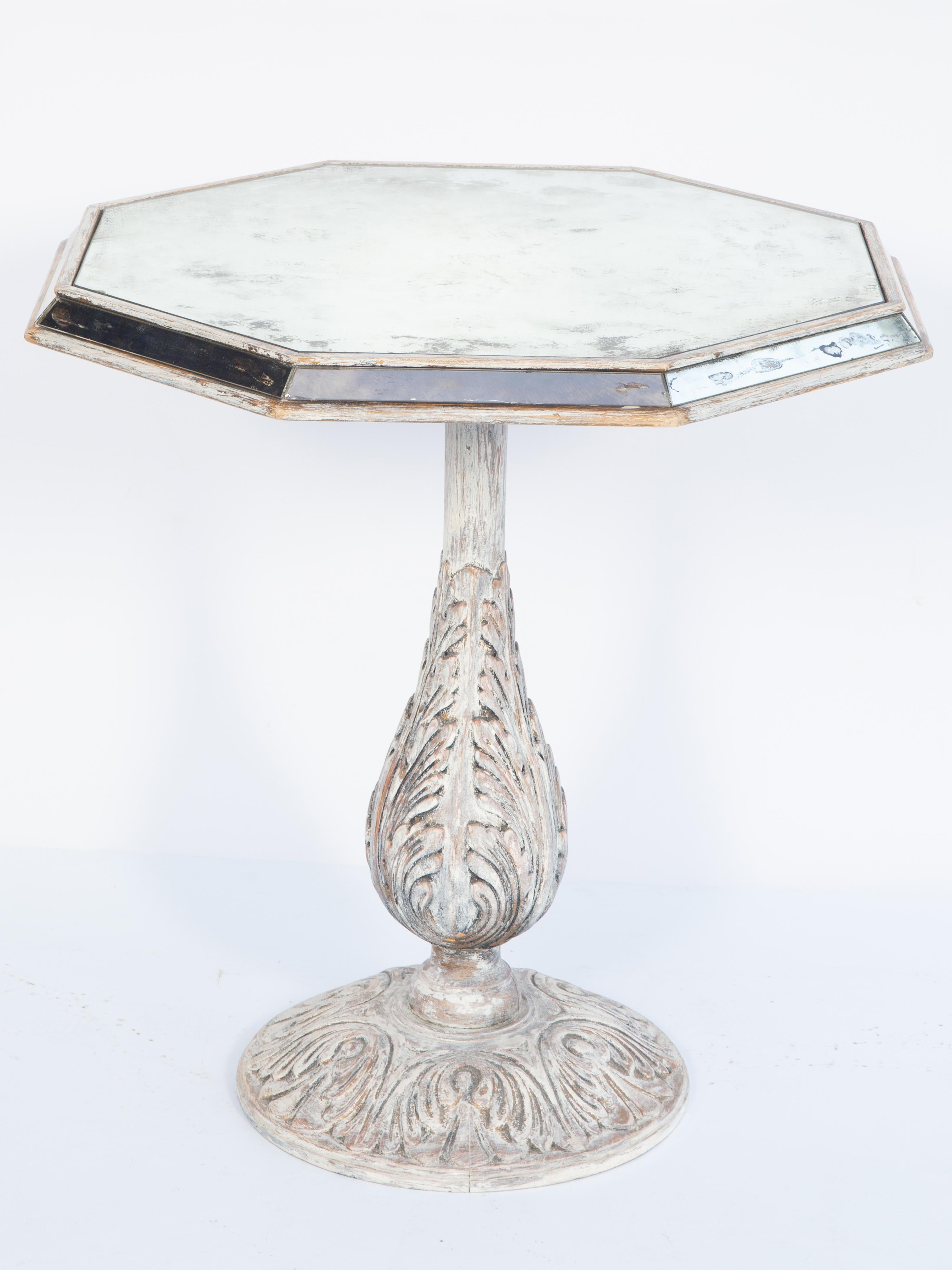 Elaborately Carved Pedestal Occasional Table with Octagonal Mirrored Top In Good Condition For Sale In West Palm Beach, FL