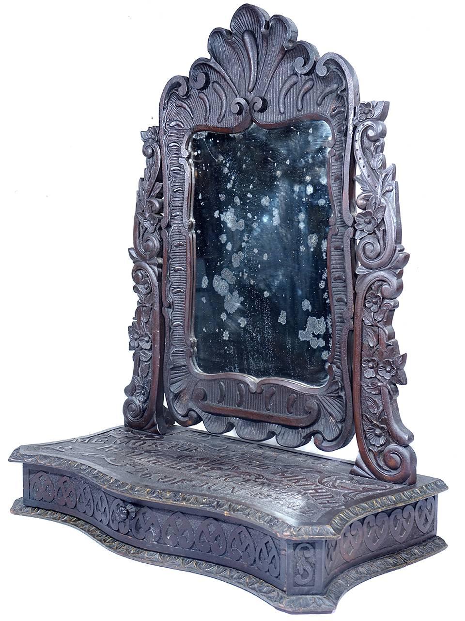 Hardwood Elaborately Carved Tribute Folk Art Americana Mirror, 1894 For Sale