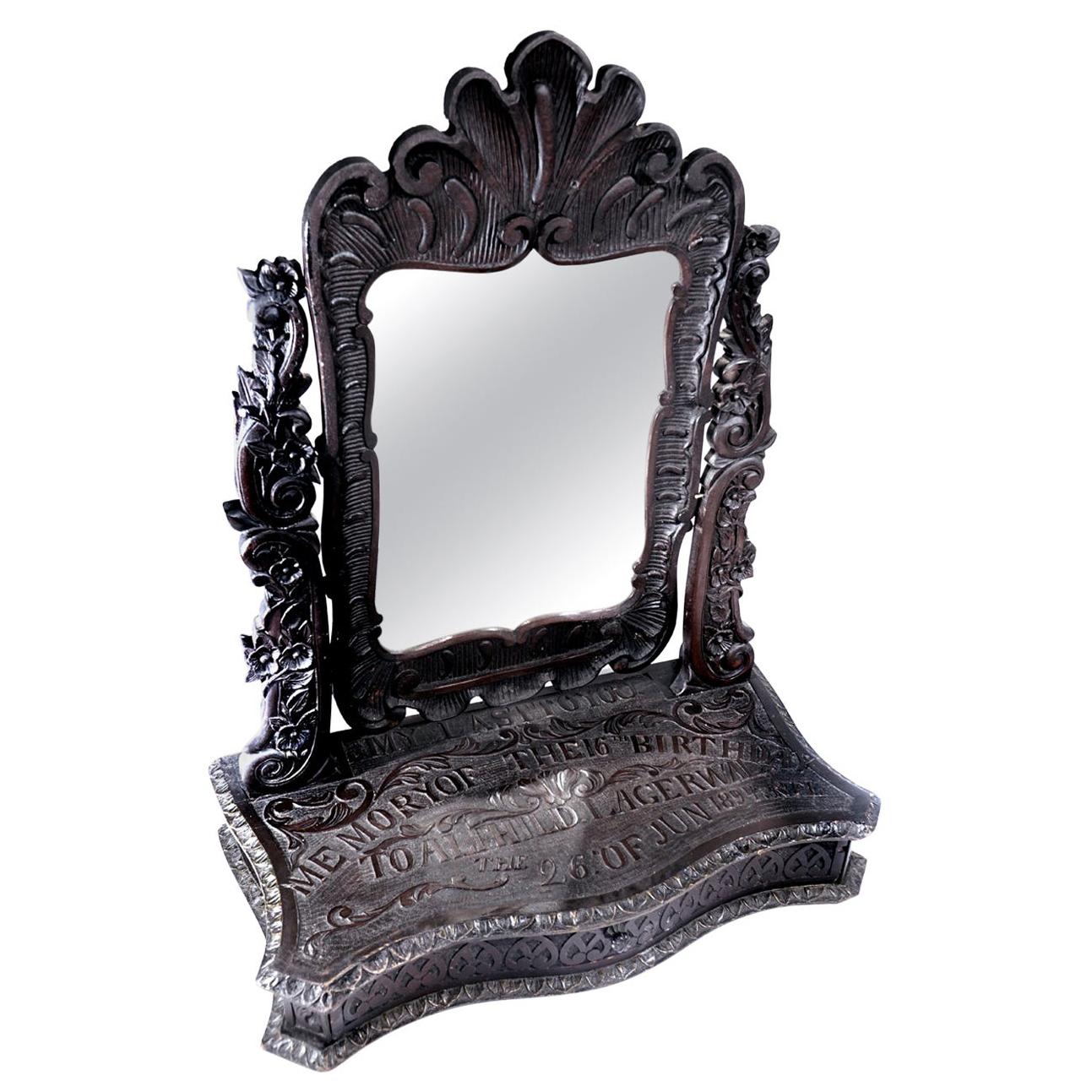 Elaborately Carved Tribute Folk Art Americana Mirror, 1894 For Sale