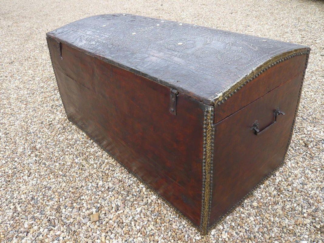 Brass Elaborately Decorated 17th Century Studded Leather Traveling Trunk For Sale