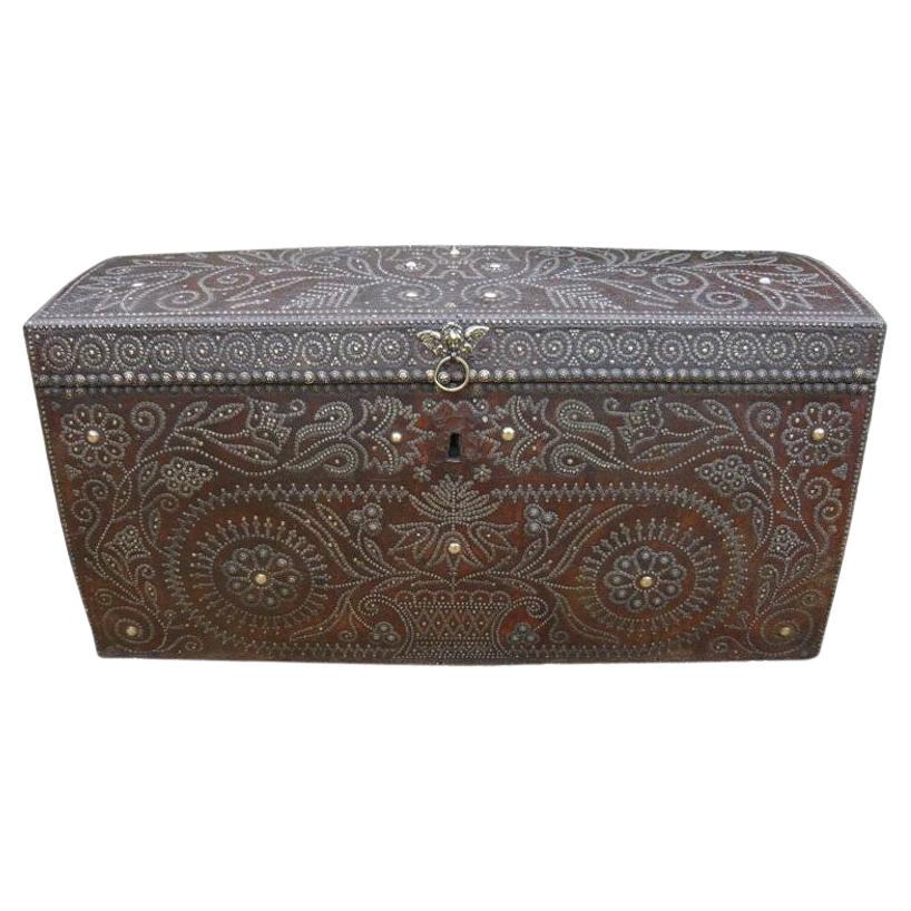 Elaborately Decorated 17th Century Studded Leather Traveling Trunk For Sale