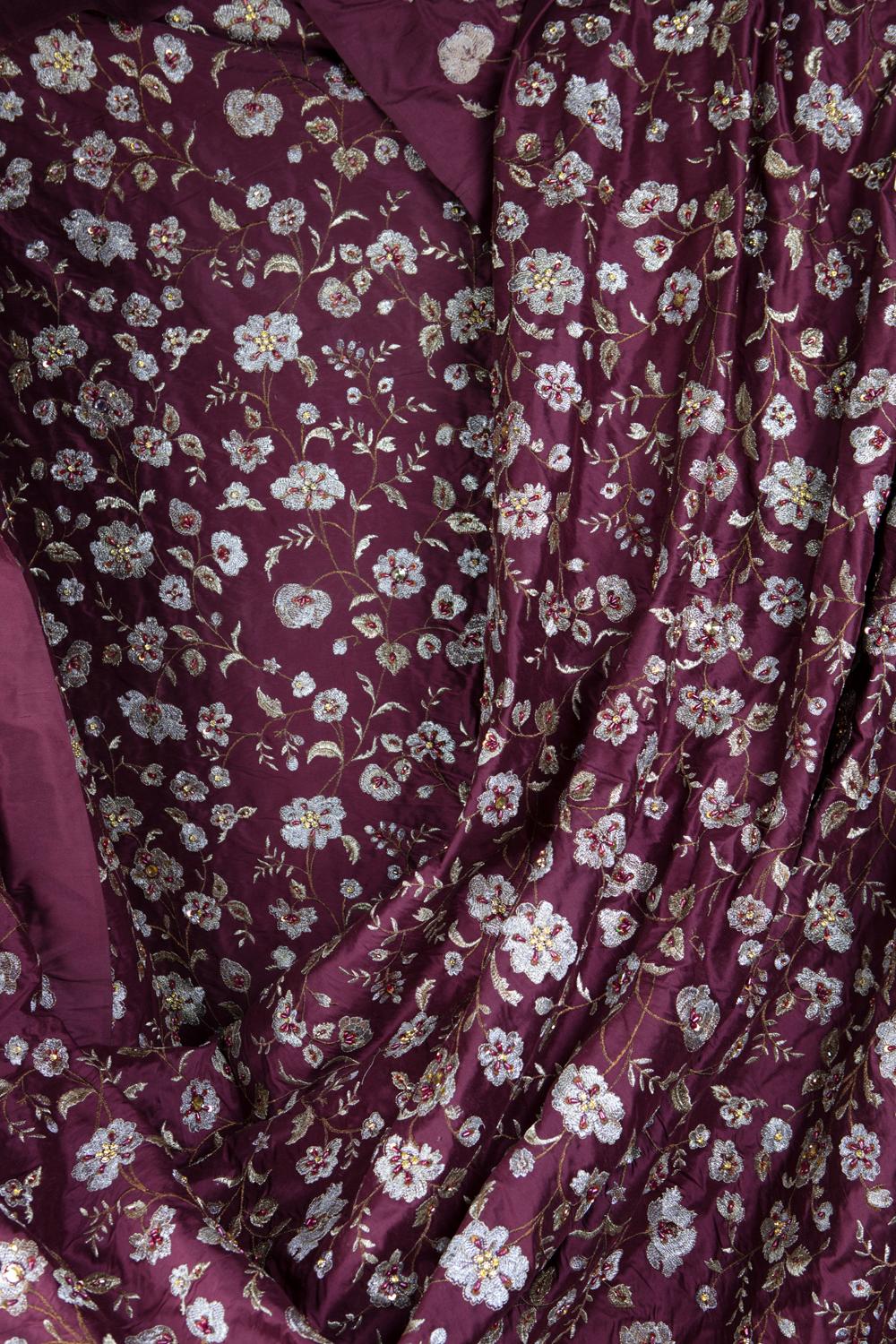 Anglo-Indian Elaborately Embroidered, Garnet Raw Silk, Indian Handricraft, Bejewelled Flowers For Sale