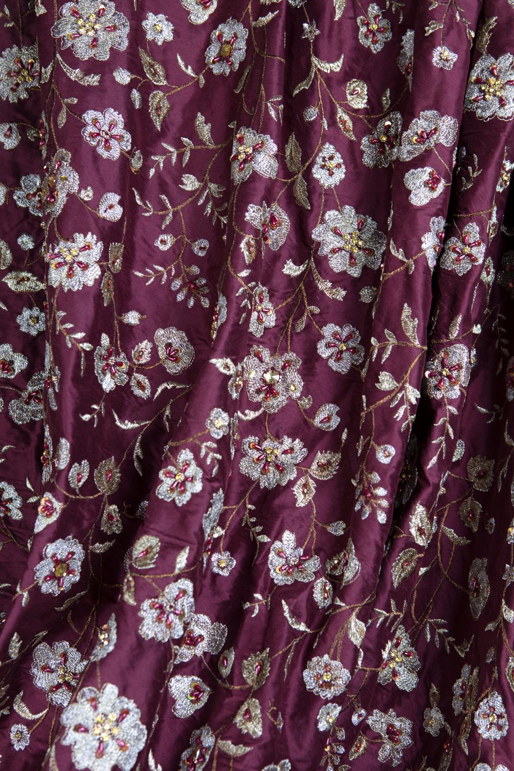 Elaborately Embroidered, Garnet Raw Silk, Indian Handricraft, Bejewelled Flowers In Excellent Condition For Sale In Asheville, NC