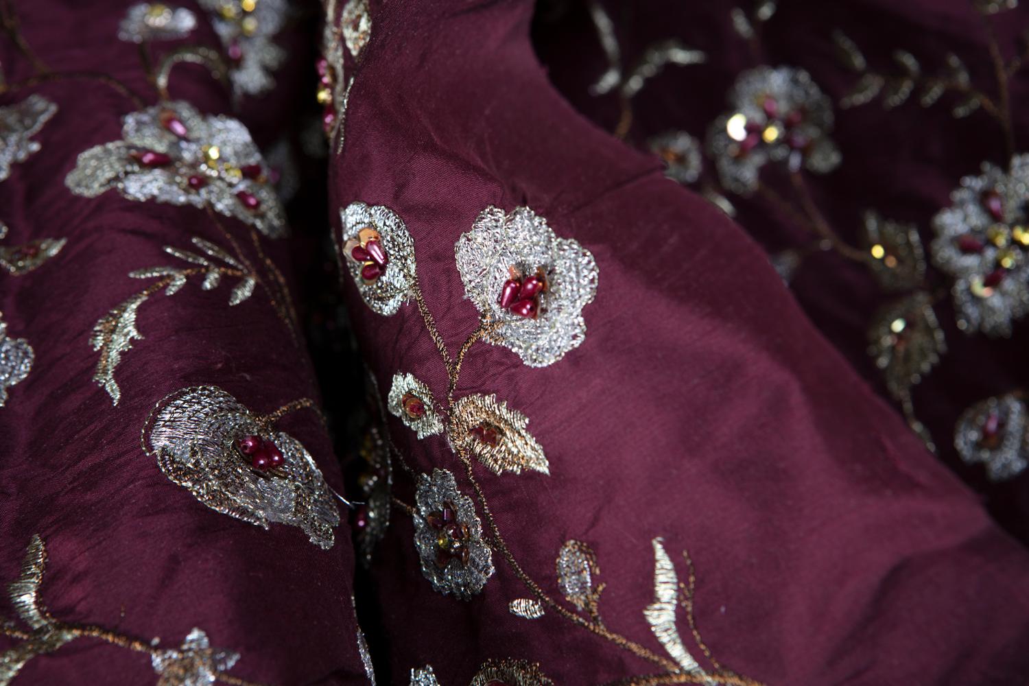 Mid-20th Century Elaborately Embroidered, Garnet Raw Silk, Indian Handricraft, Bejewelled Flowers For Sale