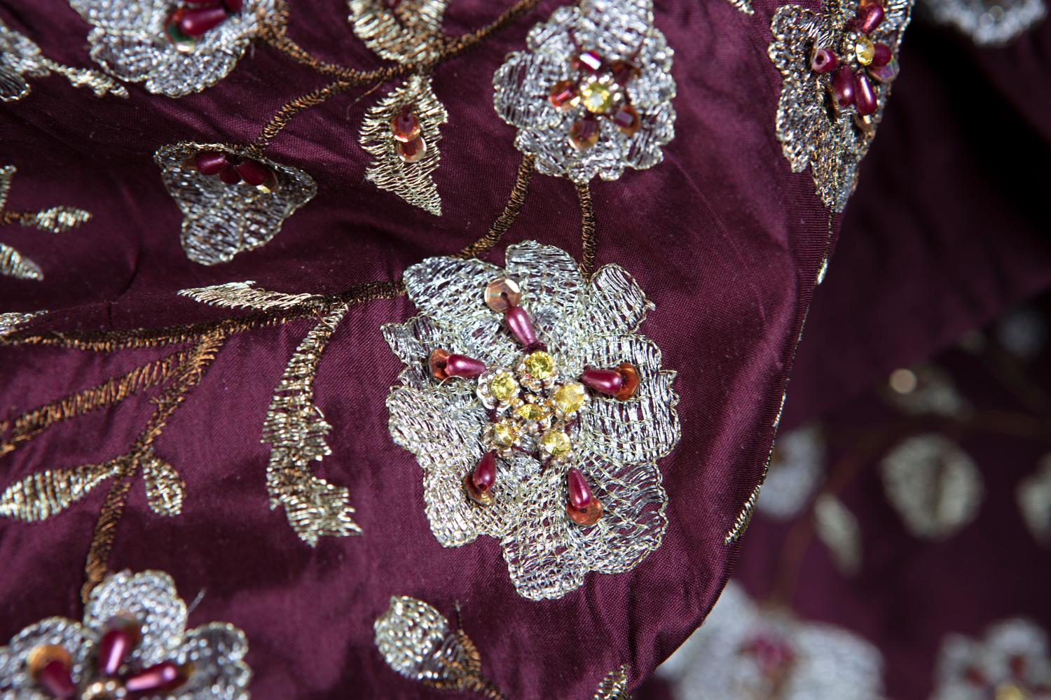 Elaborately Embroidered, Garnet Raw Silk, Indian Handricraft, Bejewelled Flowers For Sale 1