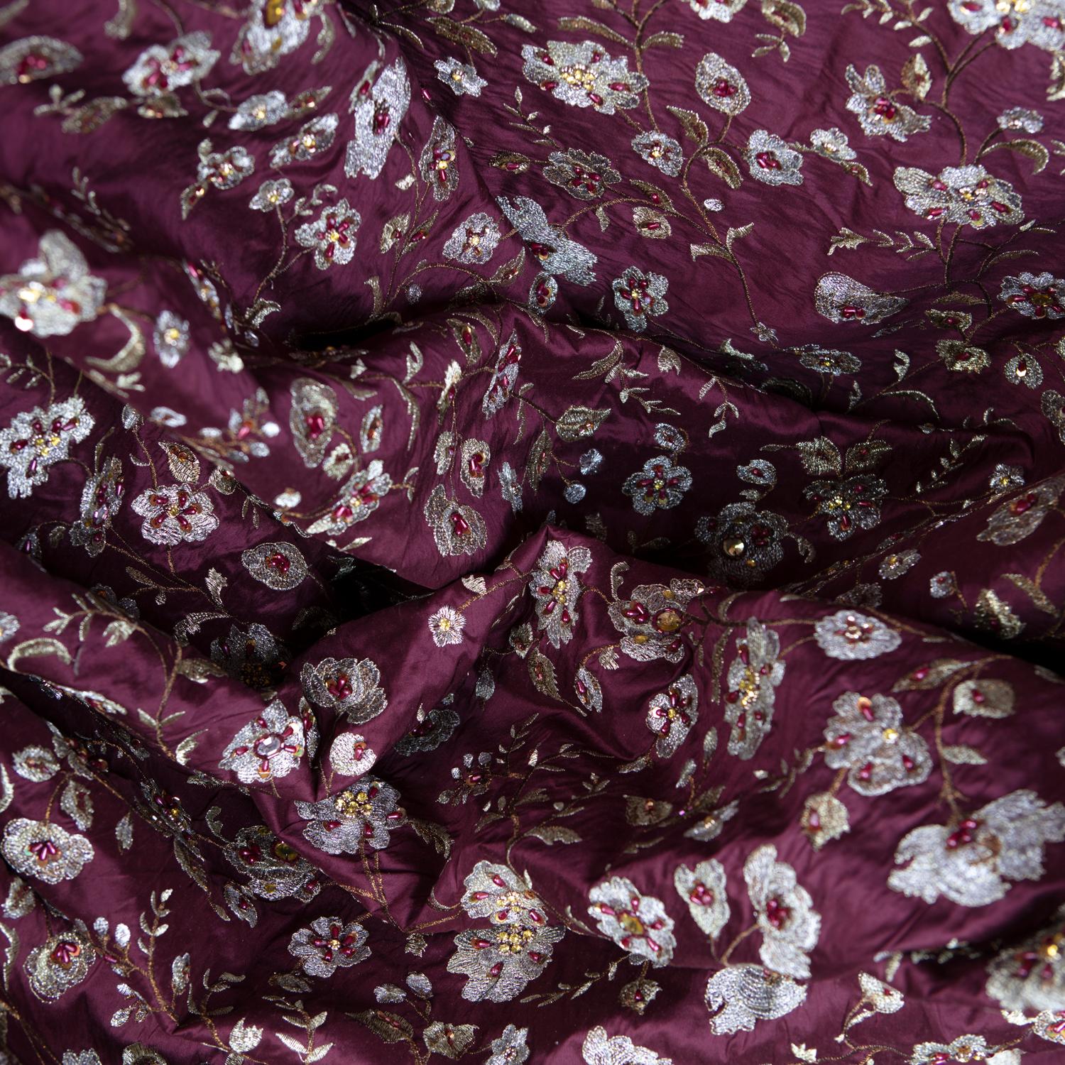 Elaborately Embroidered, Garnet Raw Silk, Indian Handricraft, Bejewelled Flowers For Sale 2
