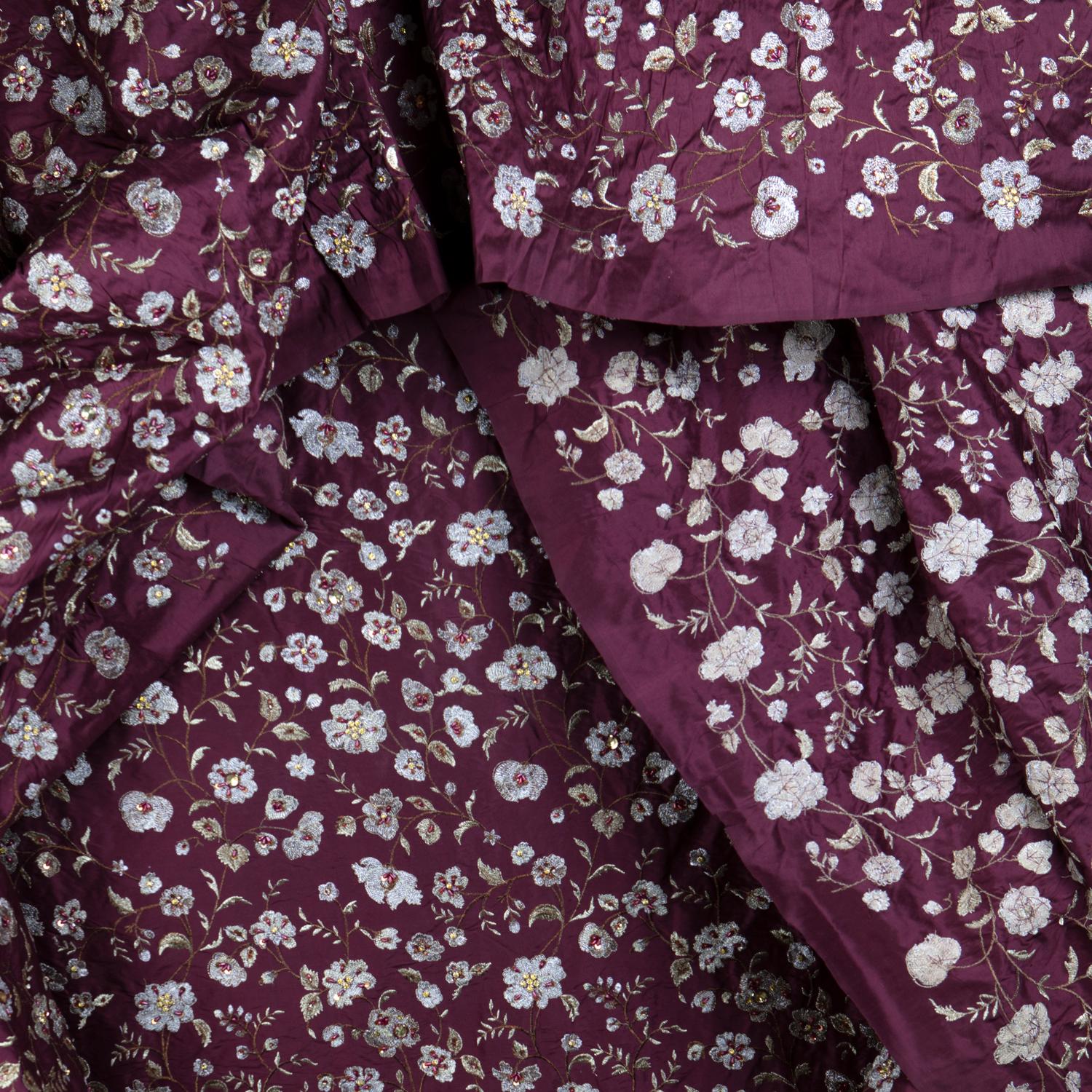 Elaborately Embroidered, Garnet Raw Silk, Indian Handricraft, Bejewelled Flowers For Sale 3