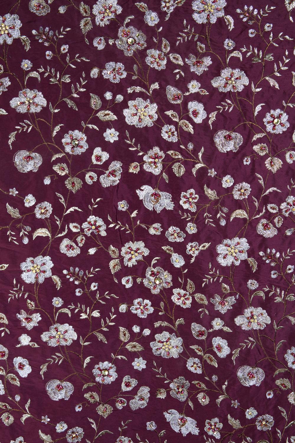 Elaborately Embroidered, Garnet Raw Silk, Indian Handricraft, Bejewelled Flowers For Sale 4