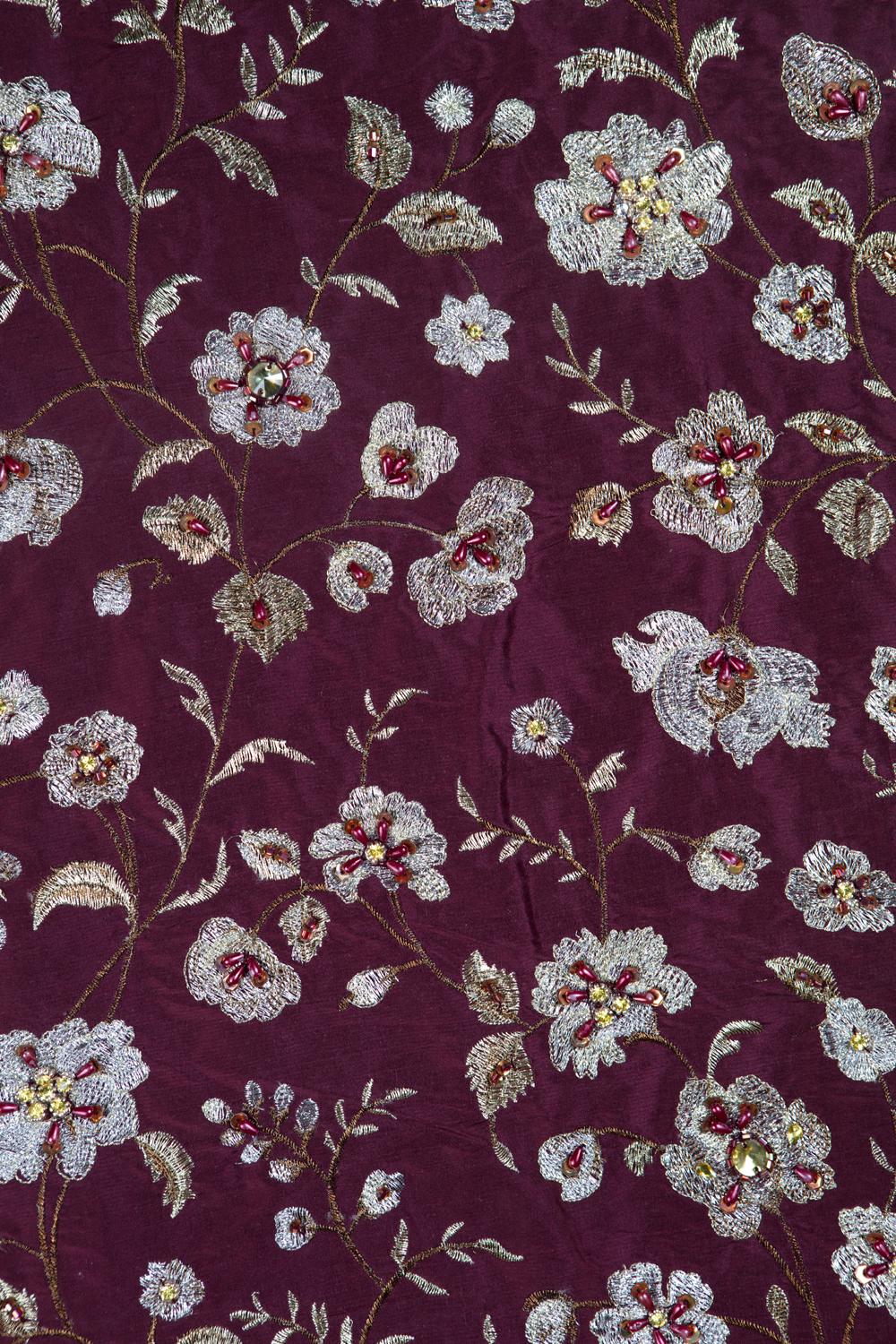 Elaborately Embroidered, Garnet Raw Silk, Indian Handricraft, Bejewelled Flowers For Sale 5