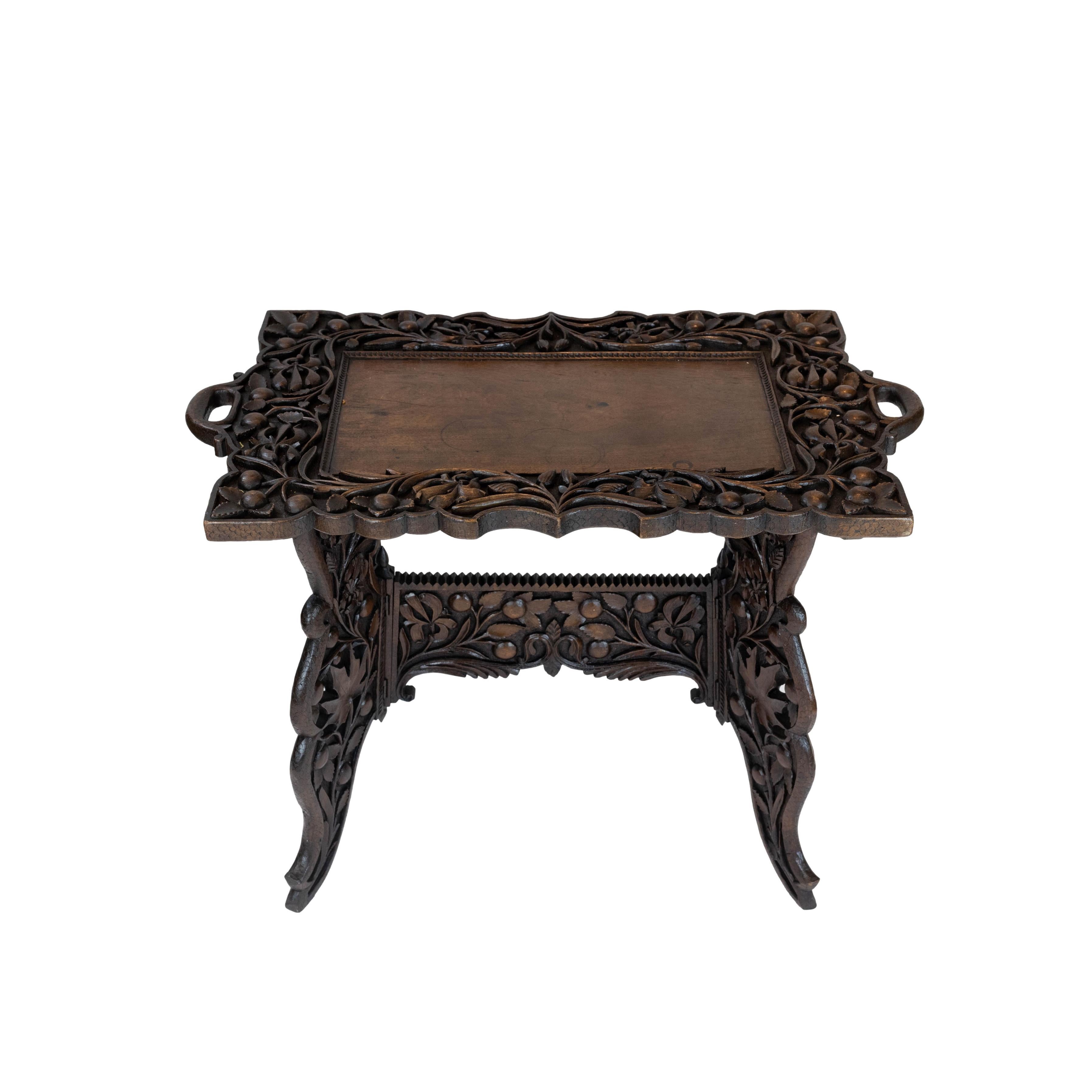 Elaborately Hand-Carved Solid Walnut Campaign Tray-Top Table, English, ca. 1890 For Sale 6