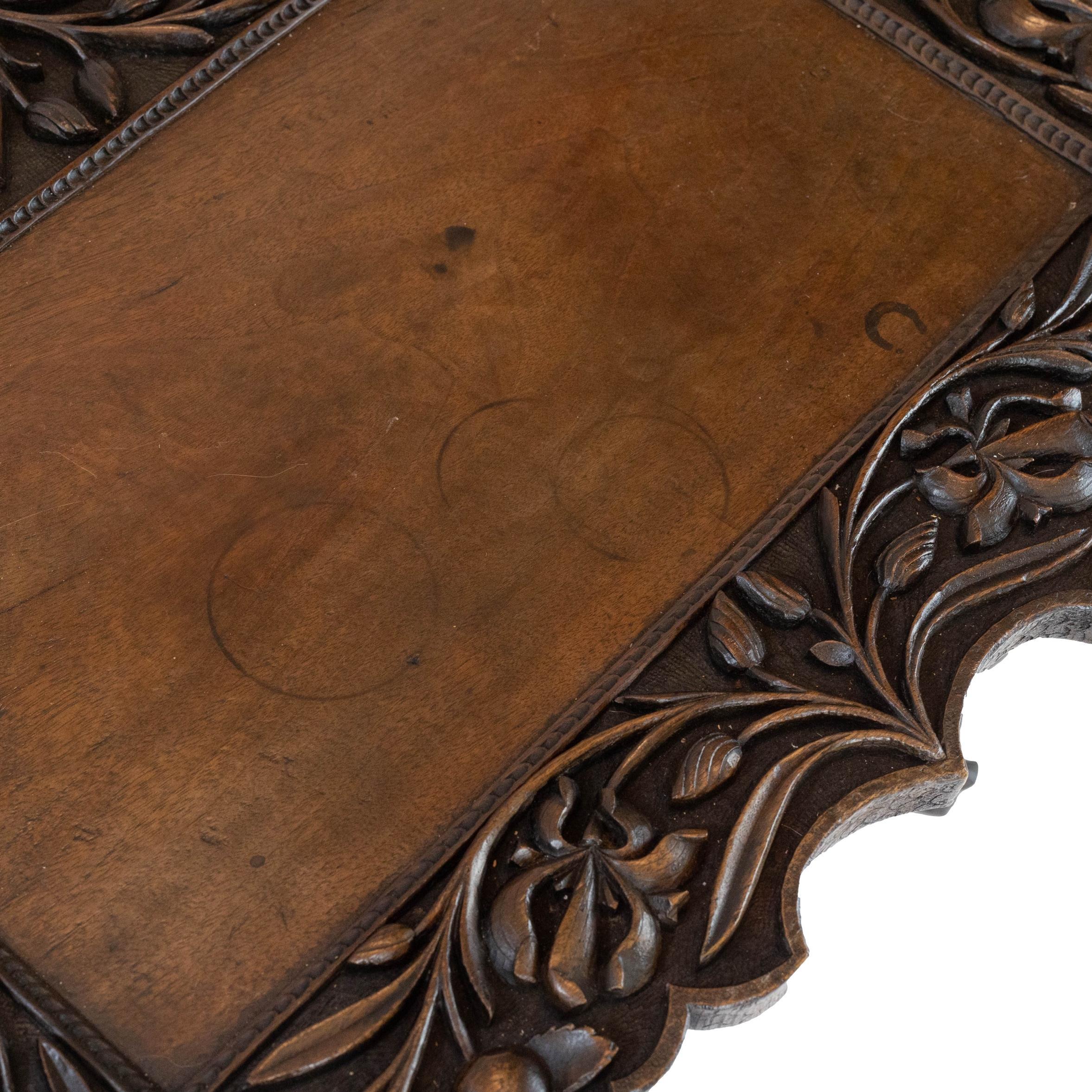 Elaborately Hand-Carved Solid Walnut Campaign Tray-Top Table, English, ca. 1890 For Sale 8