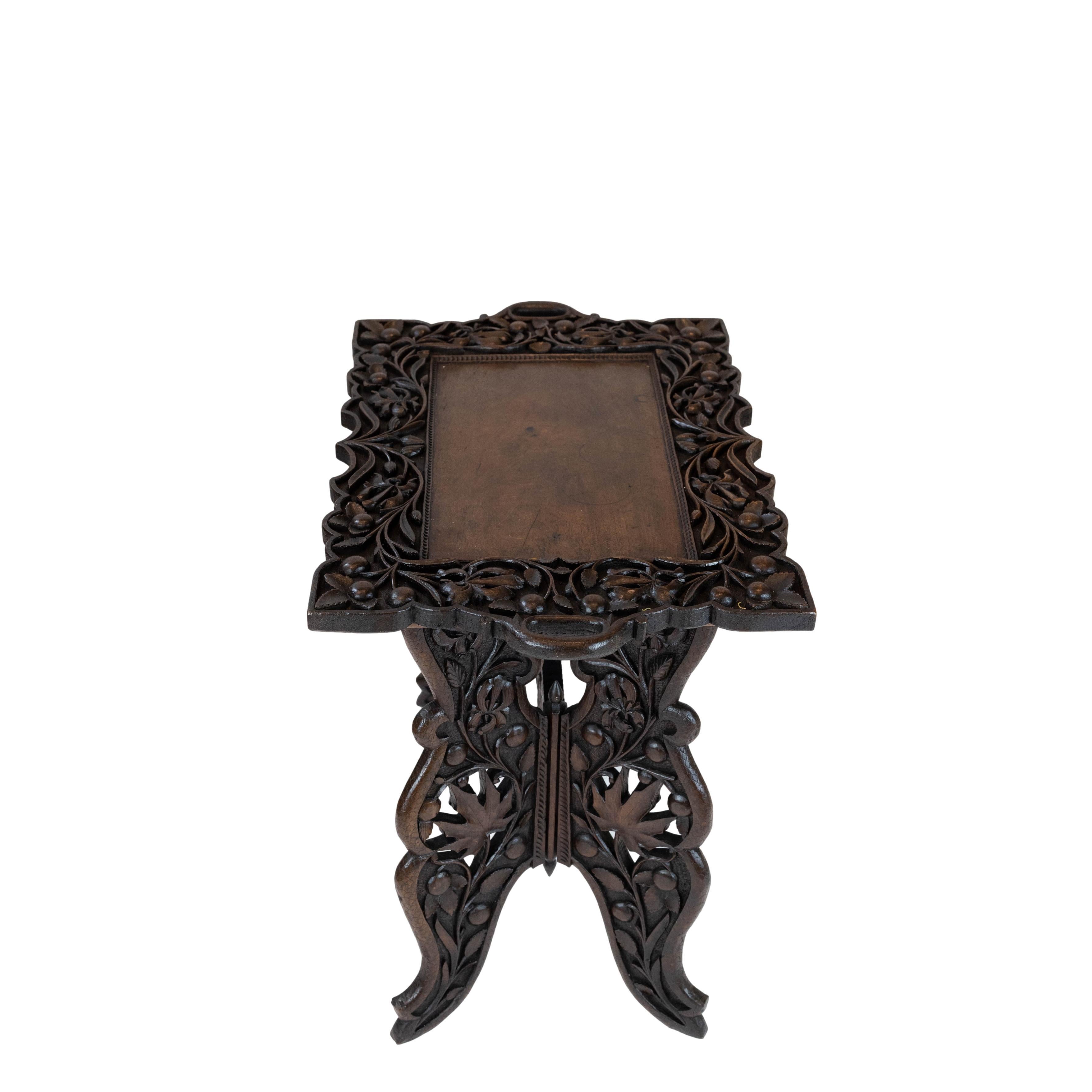 Elaborately Hand-Carved Solid Walnut Campaign Tray-Top Table, English, ca. 1890 In Good Condition In Banner Elk, NC