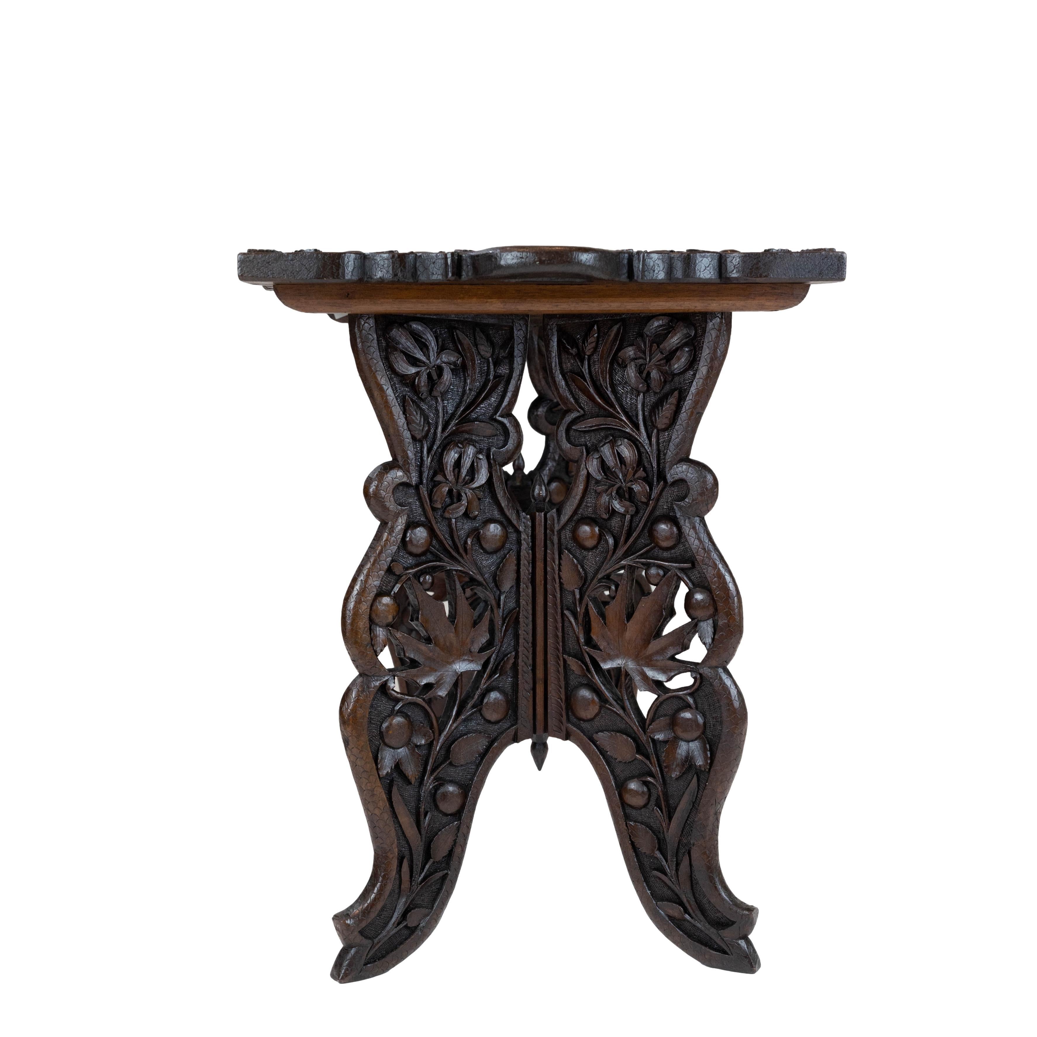 Elaborately Hand-Carved Solid Walnut Campaign Tray-Top Table, English, ca. 1890 For Sale 1