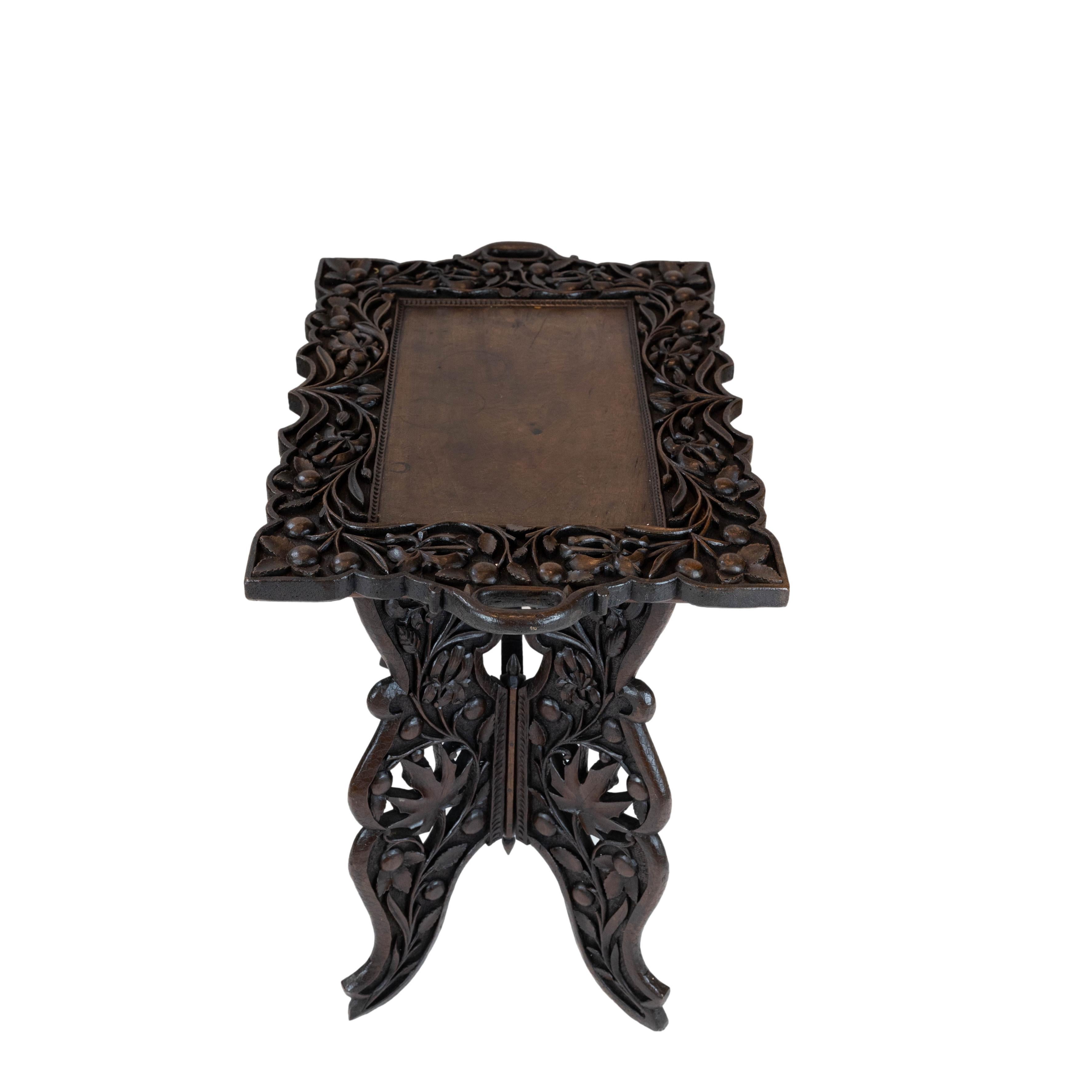 Elaborately Hand-Carved Solid Walnut Campaign Tray-Top Table, English, ca. 1890 For Sale 5