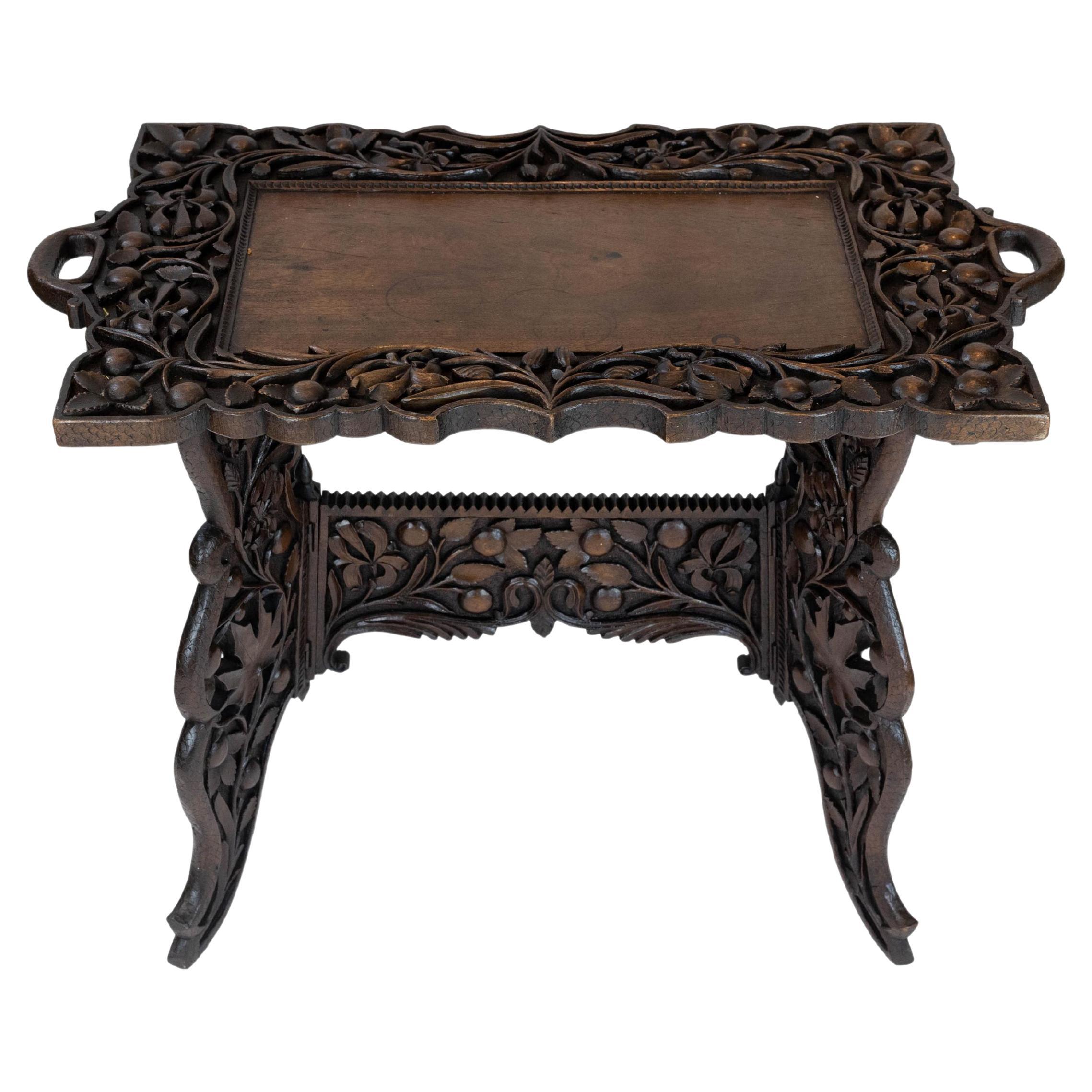 Elaborately Hand-Carved Solid Walnut Campaign Tray-Top Table, English, ca. 1890 For Sale