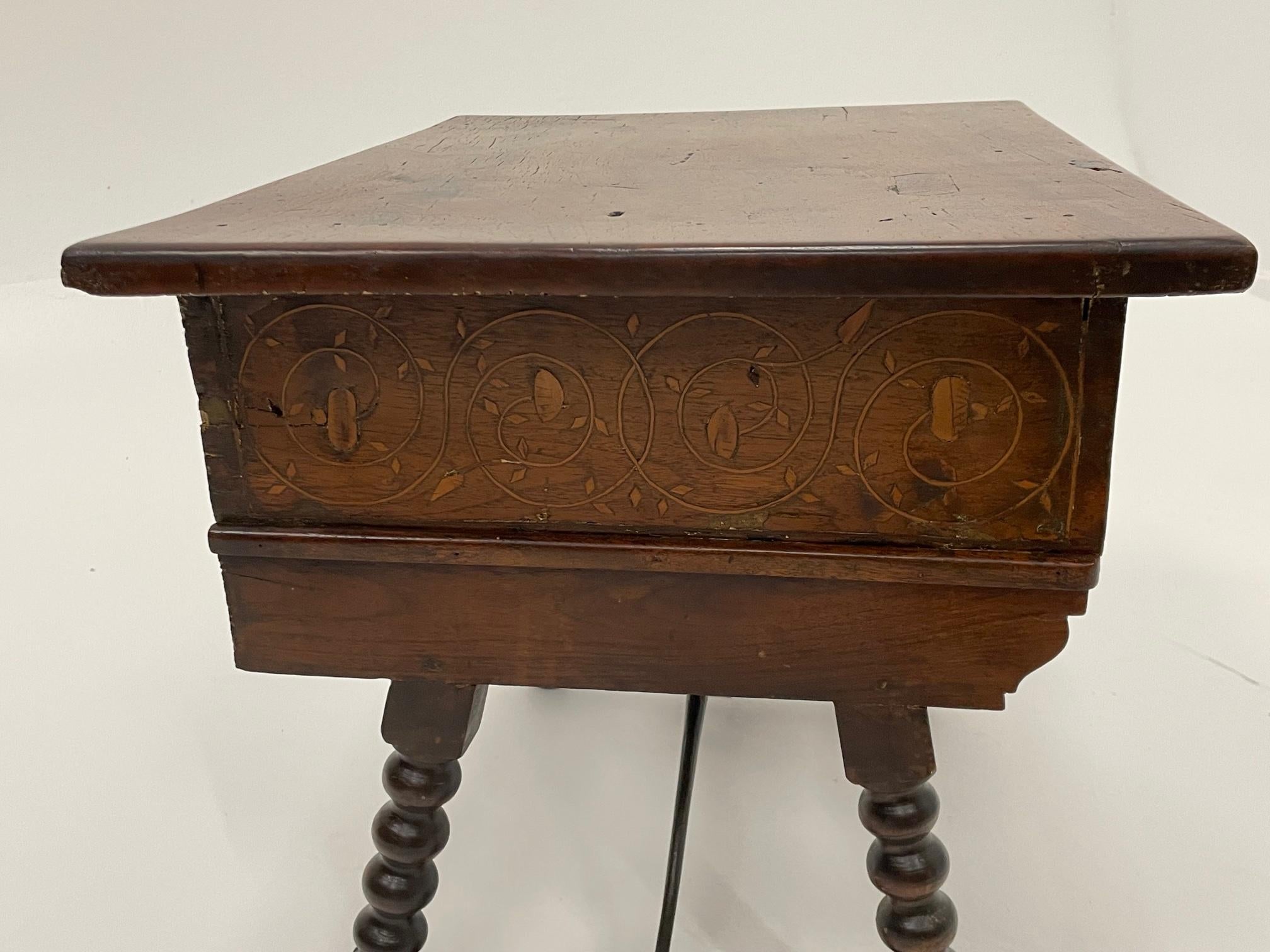 Elaborately Inlaid 18th Century Spanish Walnut Two Drawer Side Table For Sale 5