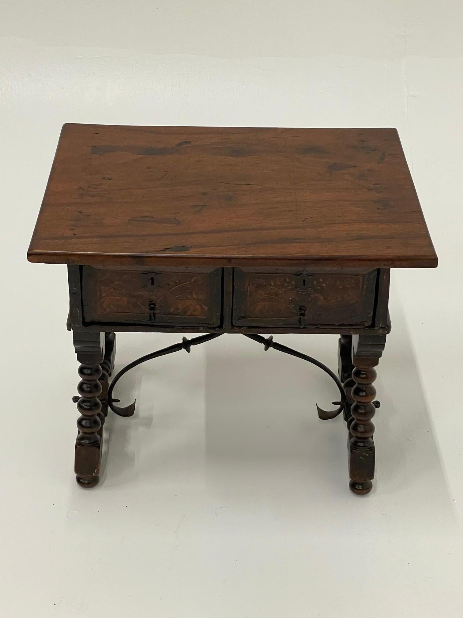 Elaborately Inlaid 18th Century Spanish Walnut Two Drawer Side Table For Sale 7