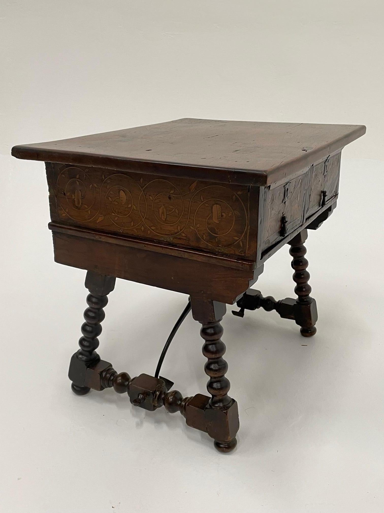 Elaborately Inlaid 18th Century Spanish Walnut Two Drawer Side Table In Good Condition For Sale In Hopewell, NJ