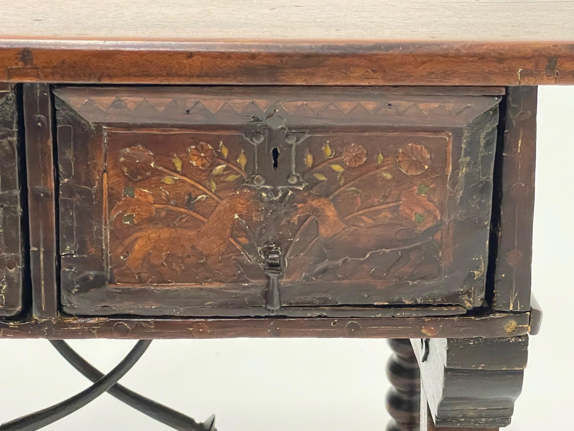 Elaborately Inlaid 18th Century Spanish Walnut Two Drawer Side Table For Sale 1