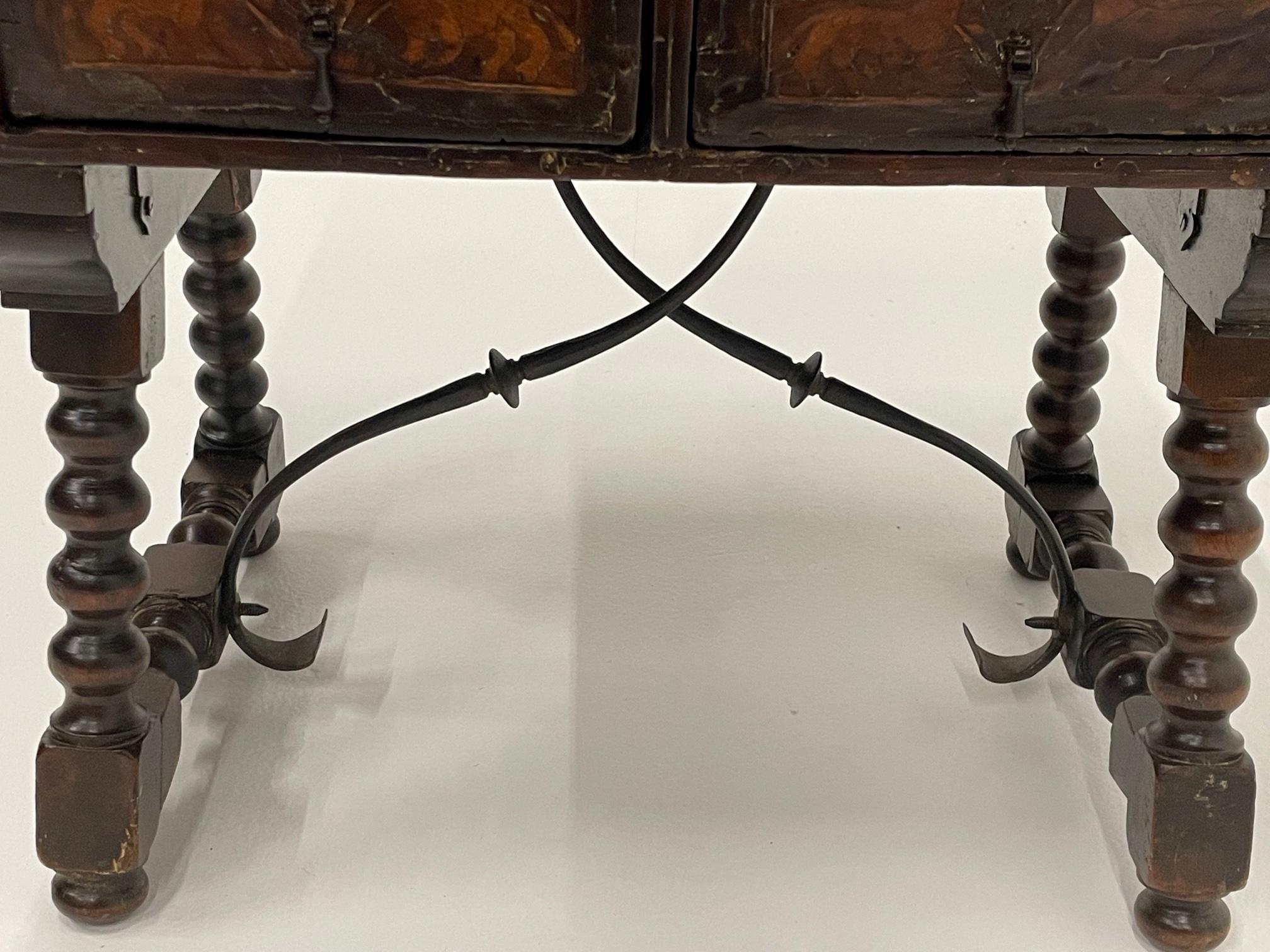 Elaborately Inlaid 18th Century Spanish Walnut Two Drawer Side Table For Sale 2