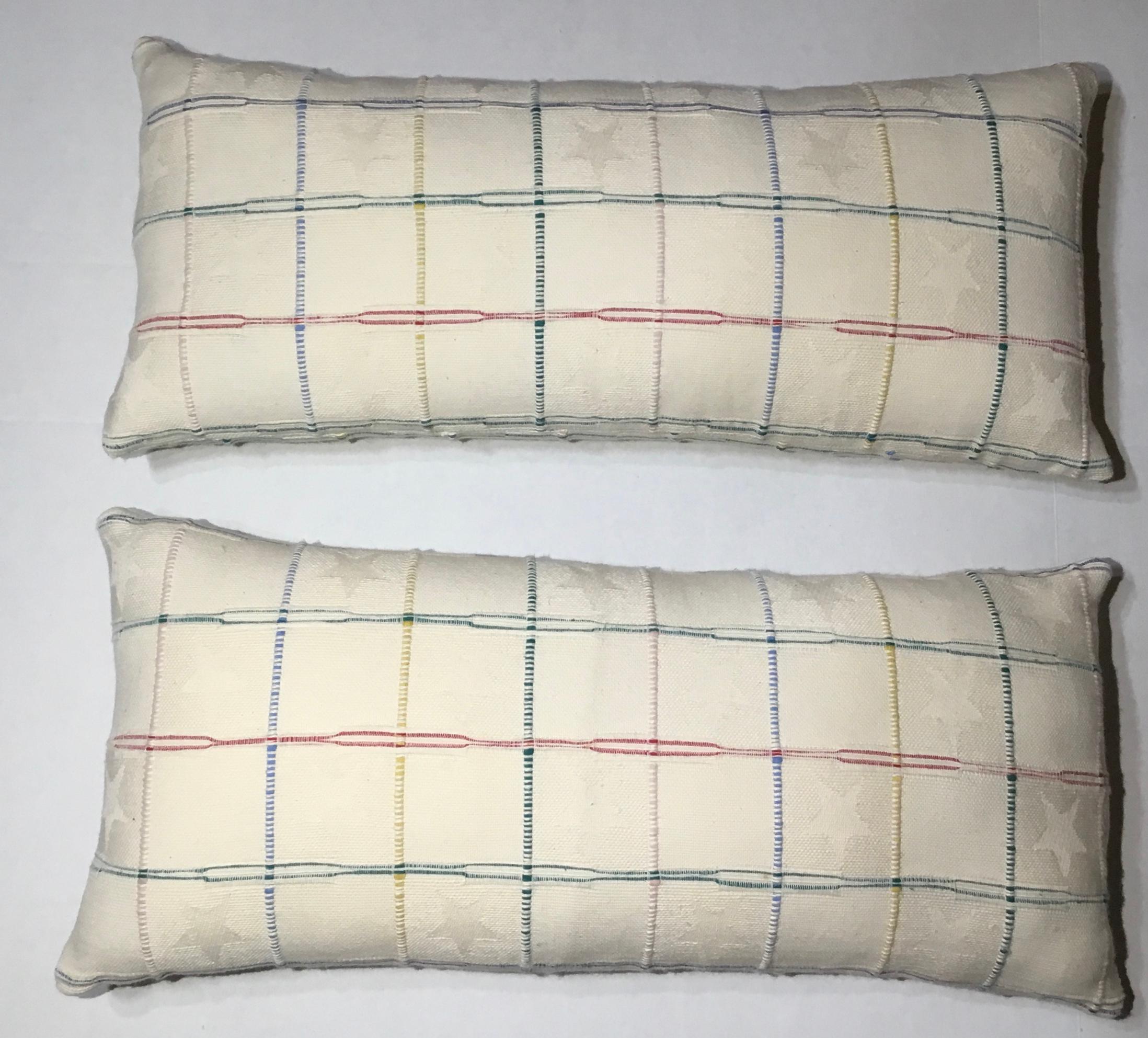 Beautiful pair of pillows made of quality French textile, texture geometric motifs of soft colors on
White -cream color all on both sides back and front. Frash new inserts.