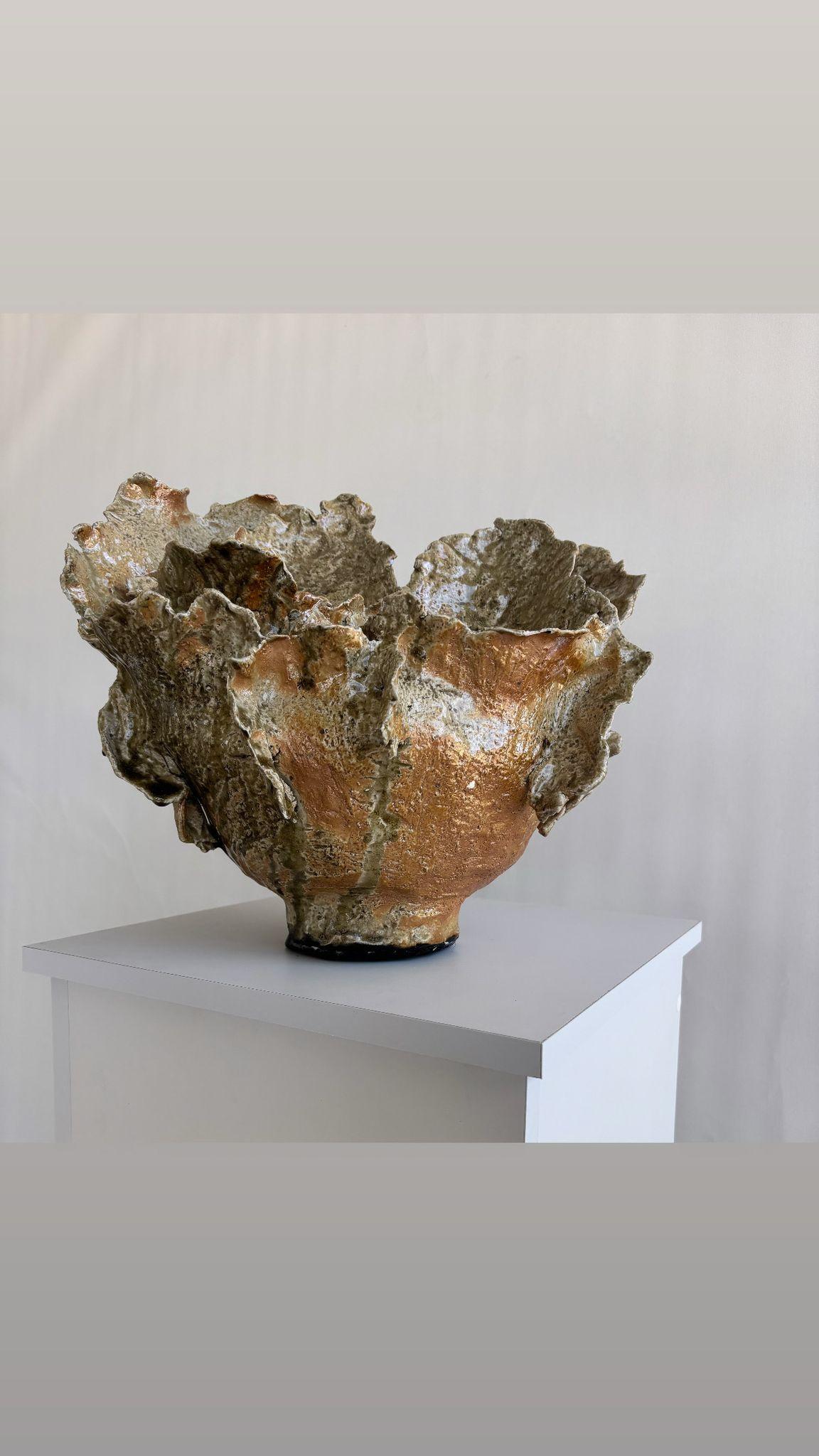 Ho scolpito questo vaso a mano con un profondo legame con il materiale e il momento. Dopo averla modellata, l'ho sottoposta a un processo di cottura unico, chiamato Anagama, un'esperienza potente che è durata diversi giorni. Durante questo periodo,