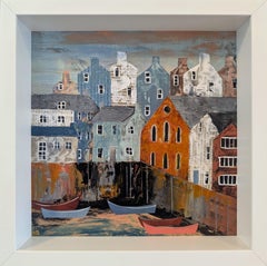 Contemporary Cornwall Cityscape Mixed Media Painting - Fowey Harbour