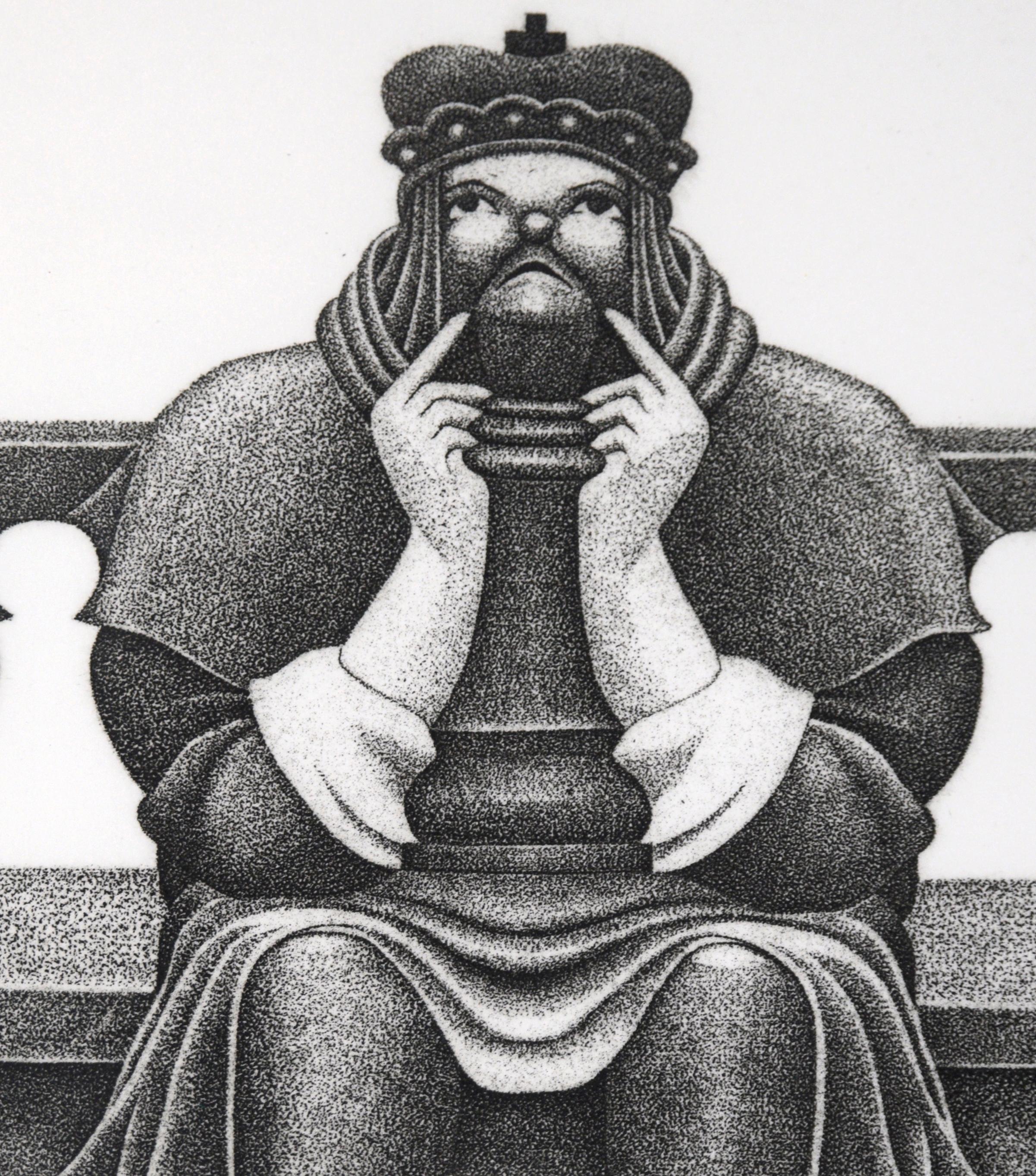 Pointillistische Lithographie „King Pin“ in Tinte auf Papier

Detaillierte Lithografie eines Königs auf einer Bank von E.B. Rothewell (Amerikaner, 1926-2011). Ein stilisiertes Porträt eines Königs, der auf einer großen Bank sitzt. Er blickt nach