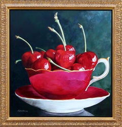 Cherries in einer Teekanne, Ölgemälde auf Leinwand von Elaine Clarfield-Gitalis