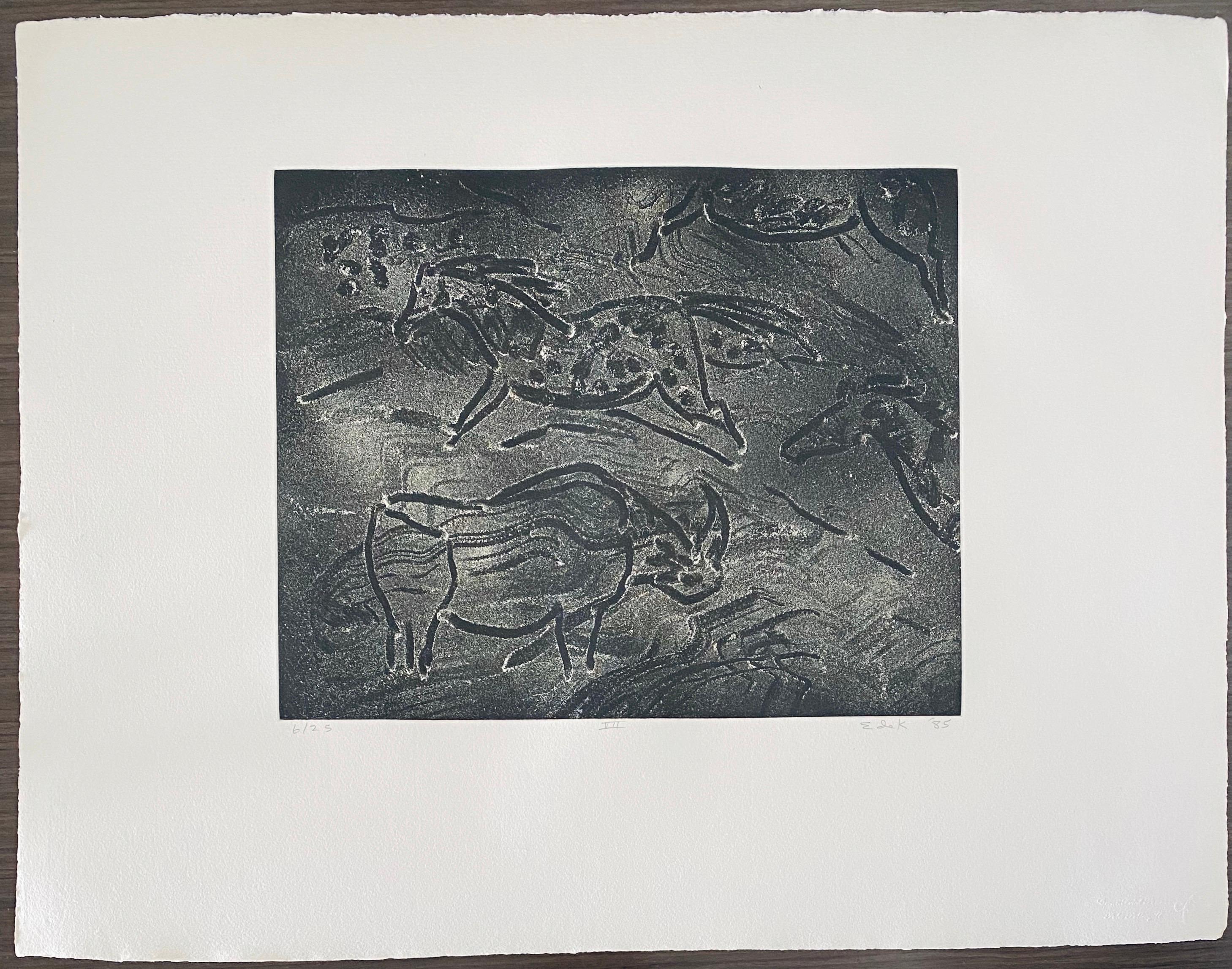 Abstract Expressionist Aquatint Etching Elaine de Kooning Animal Cave Drawing 9
