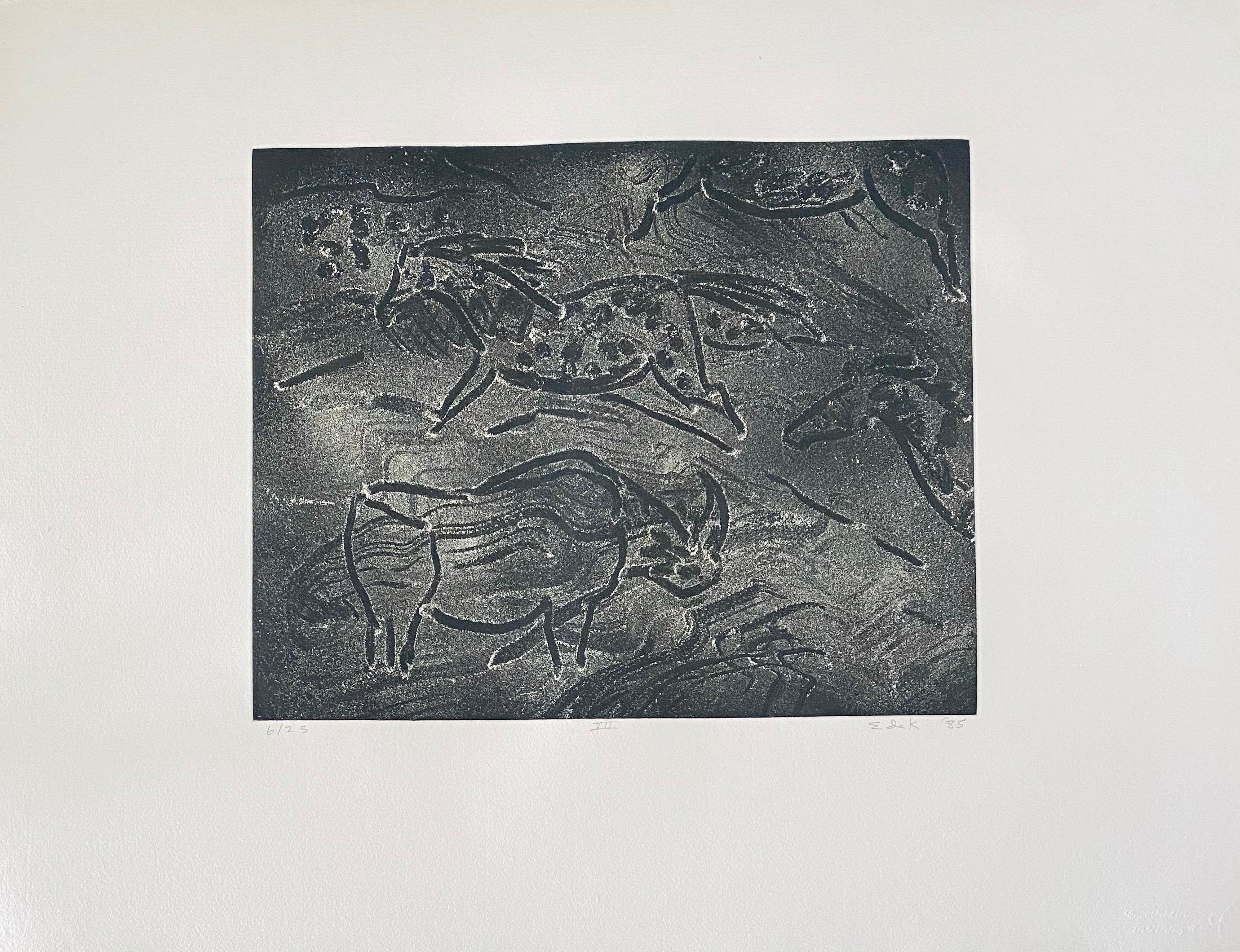 Abstract Expressionist Aquatint Etching Elaine de Kooning Animal Cave Drawing 3