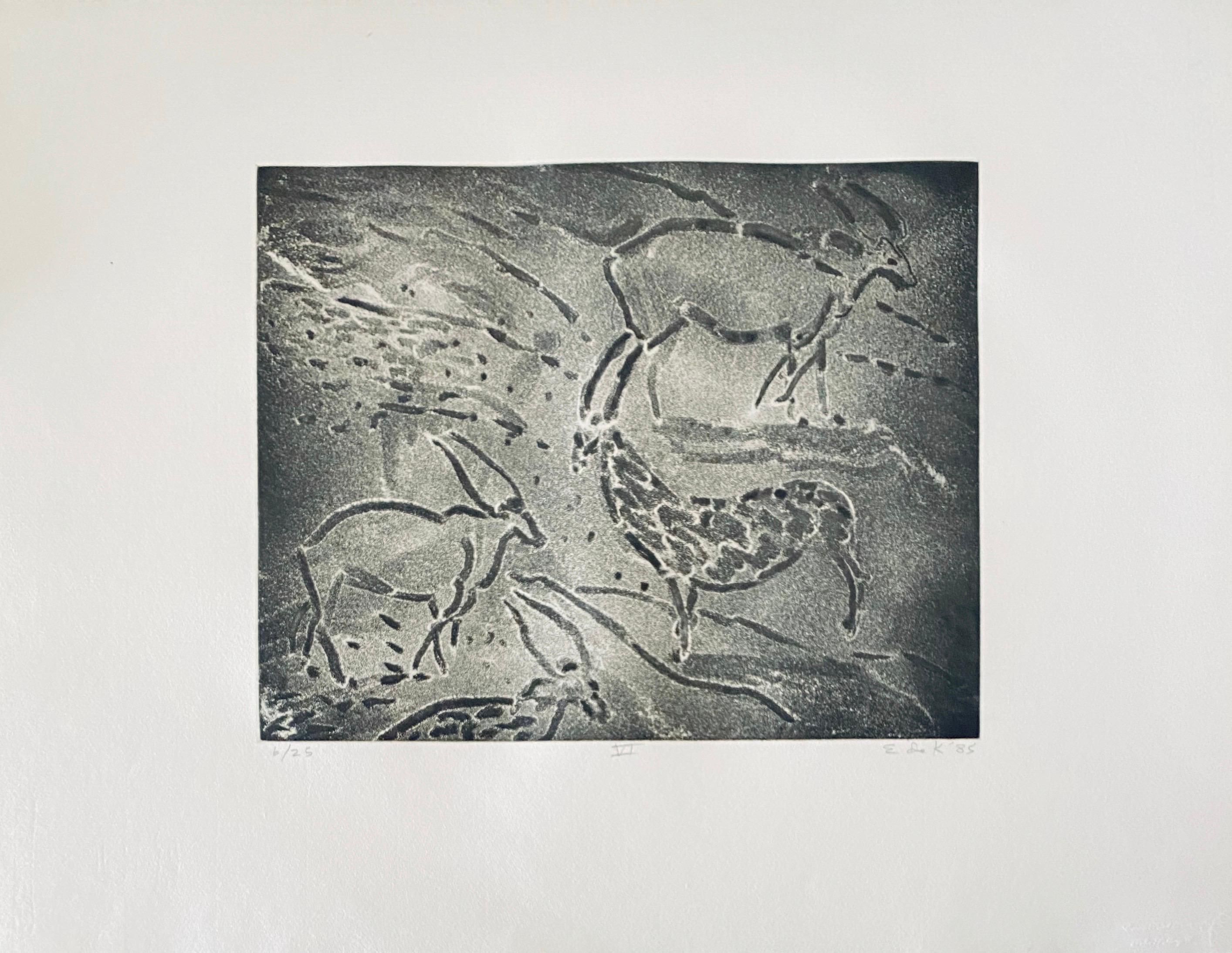 Aquatint etching. Crown Point Press, San Francisco. Edition of 25 
Hand signed in pencil. Torchlight Cave Drawing
Image size: seven measure 12 x 15