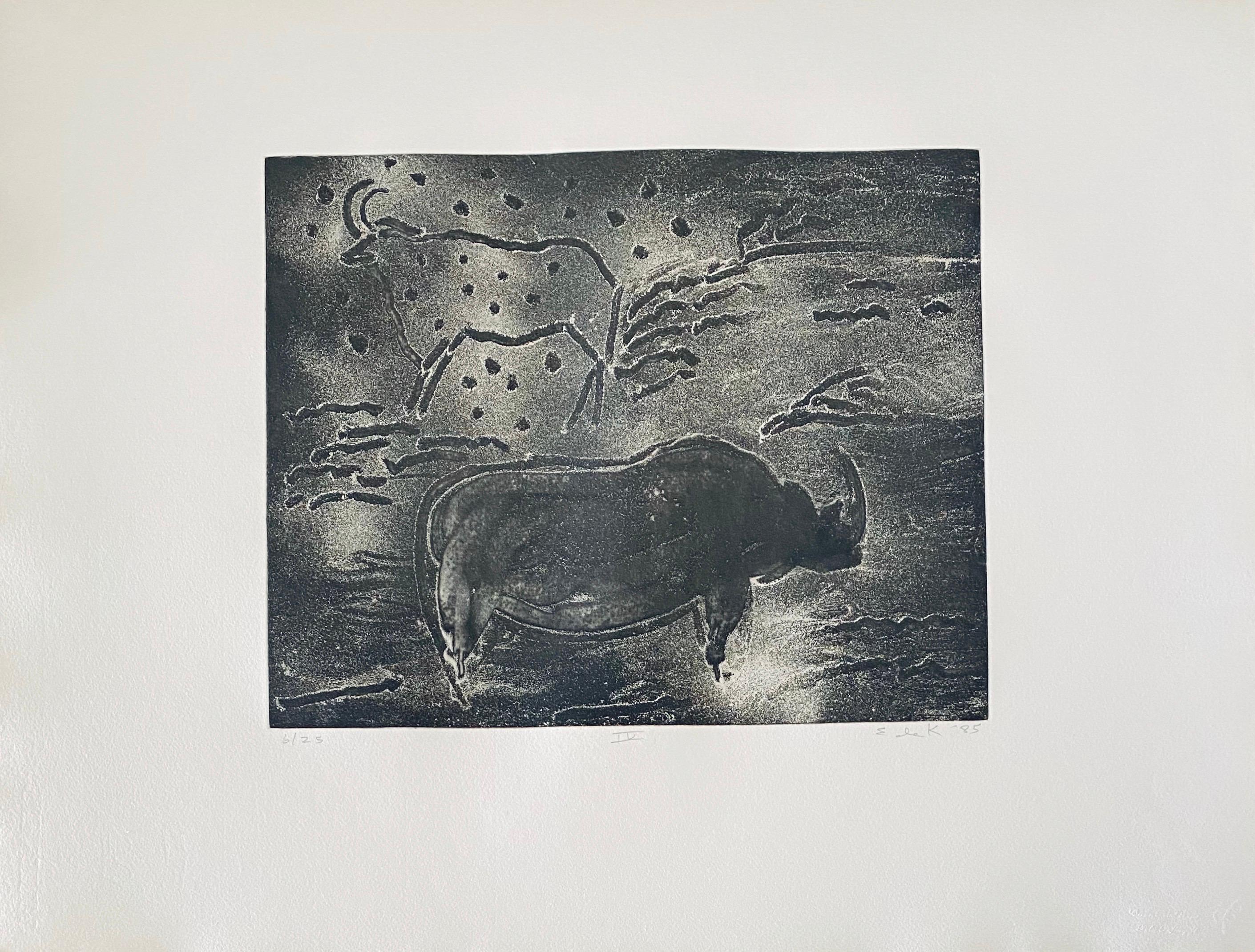 Abstract Expressionist Aquatint Etching Elaine de Kooning Animal Cave Drawing 3