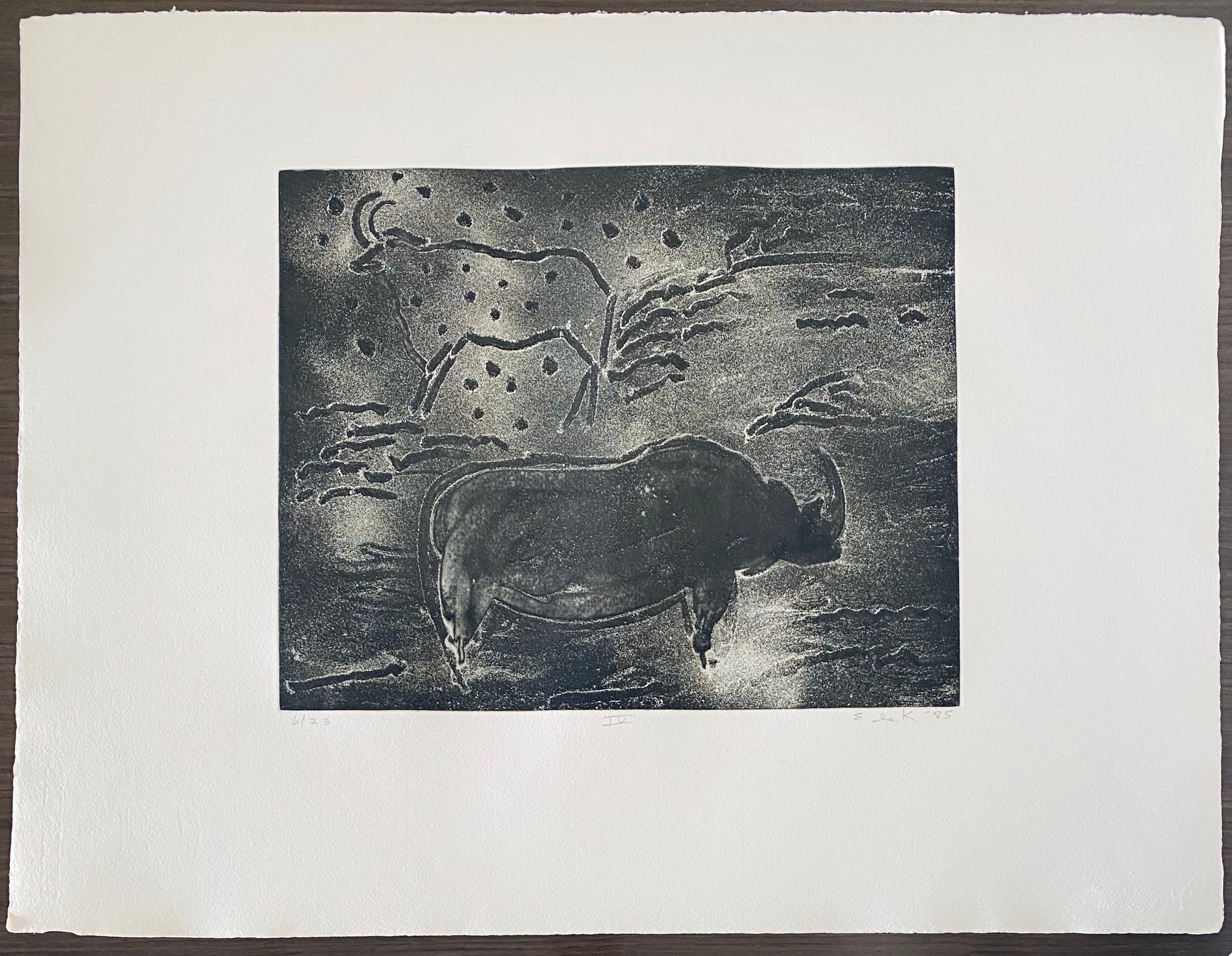 Abstract Expressionist Aquatint Etching Elaine de Kooning Animal Cave Drawing 8