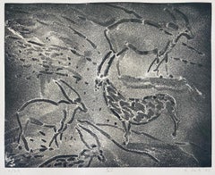 Gravure à l'aquatinte expressionniste abstraite, dessin d'animaux en cave, Elaine de Kooning