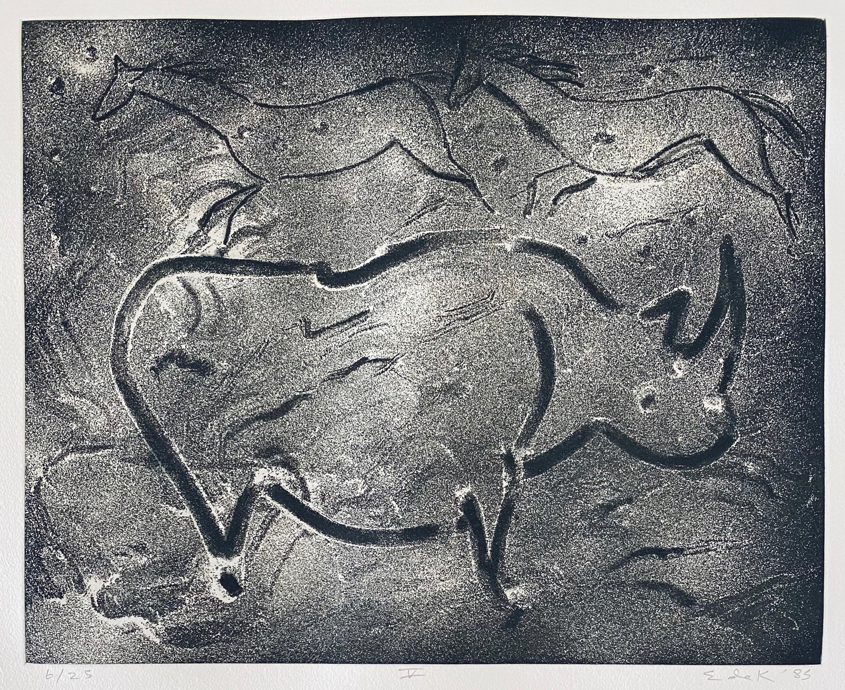 Aquatint etching. Crown Point Press, San Francisco. Edition of 25 
Hand signed in pencil. Torchlight Cave Drawing
Image size: seven measure 12 x 15" one measures 8 x 11". Paper size: 20 x 26¼

Elaine Marie Catherine de Kooning (née Fried) 1918 –