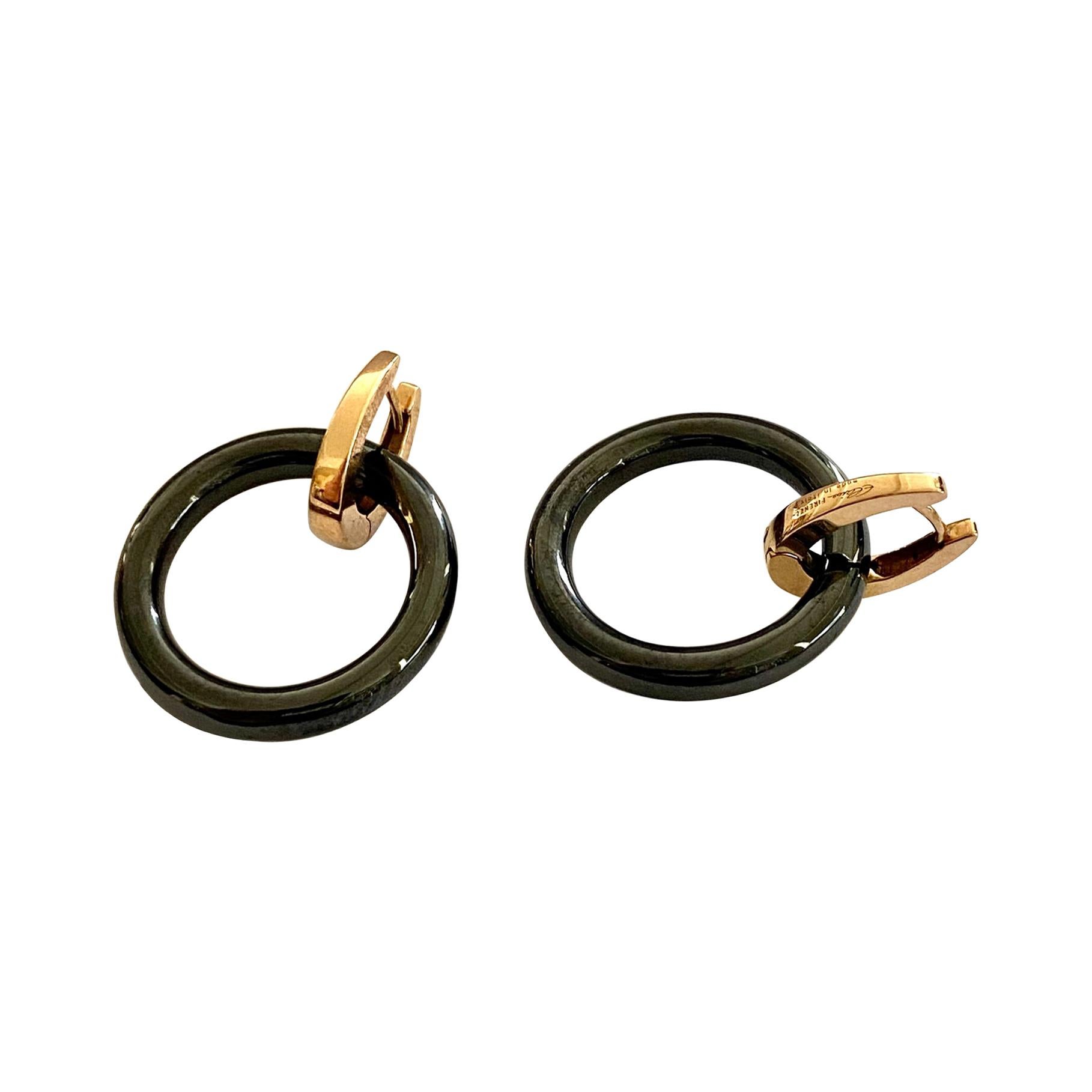 Elaine Firenze, Rose Gold Creoles with Round Black Ceramic Rings For Sale