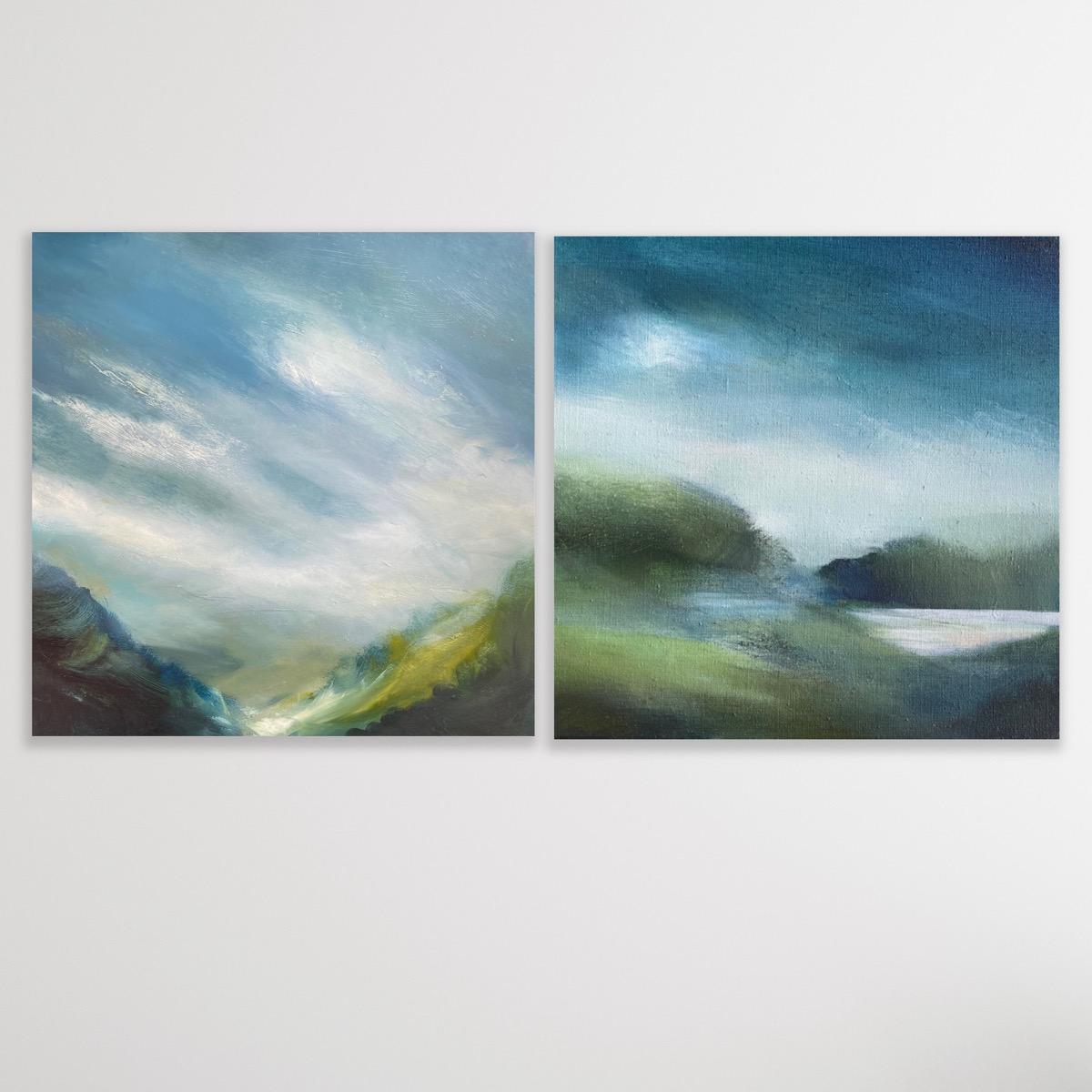 Dittico Drifting e Land Song, Pittura originale, Paesaggio, Nature, Cielo, Blu - Art di Elaine Fox 
