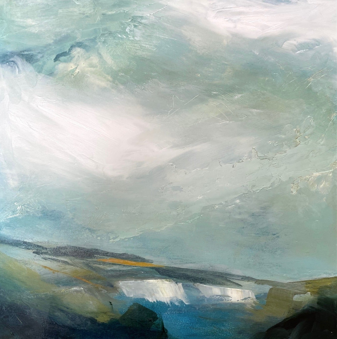 Fleeting Light by Elaine Fox [2022]

This painting was inspired by the rugged beauty of the Peak District and the light on heavy days. There is always that sense of impending rain but just now and again the light shines through to give a beautiful