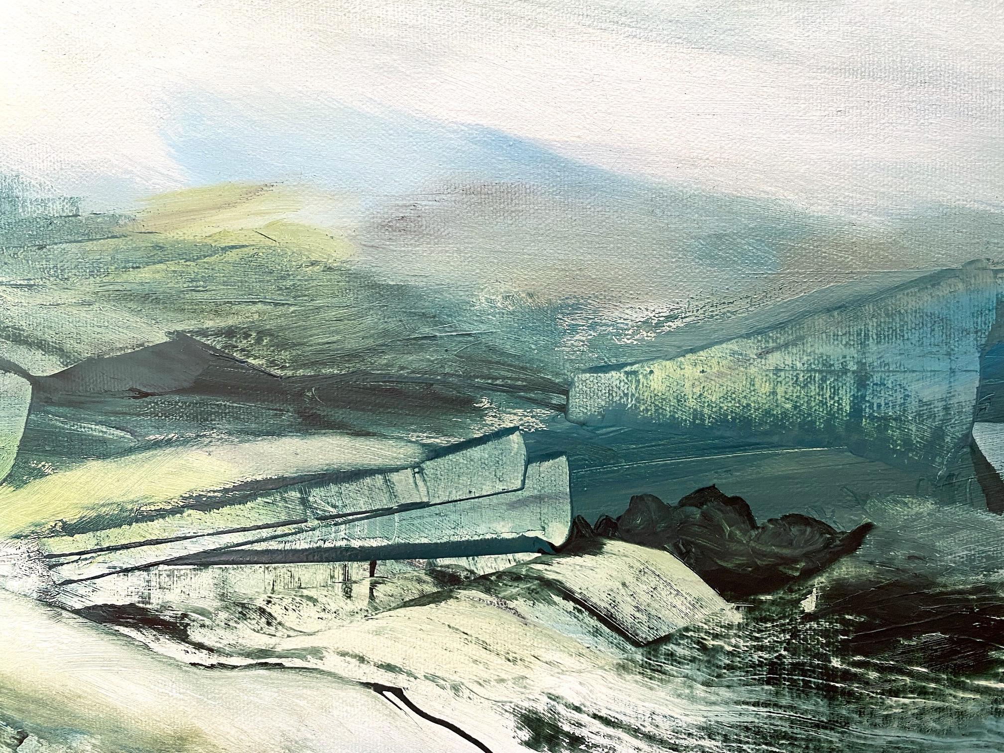 This painting is taken from the feeling and atmosphere of being on the Waternish Peninsular in Skye on a very wild and wet day, the mist was down and things were half seen and the landscape took on an ephemeral quality. The quality of light was low