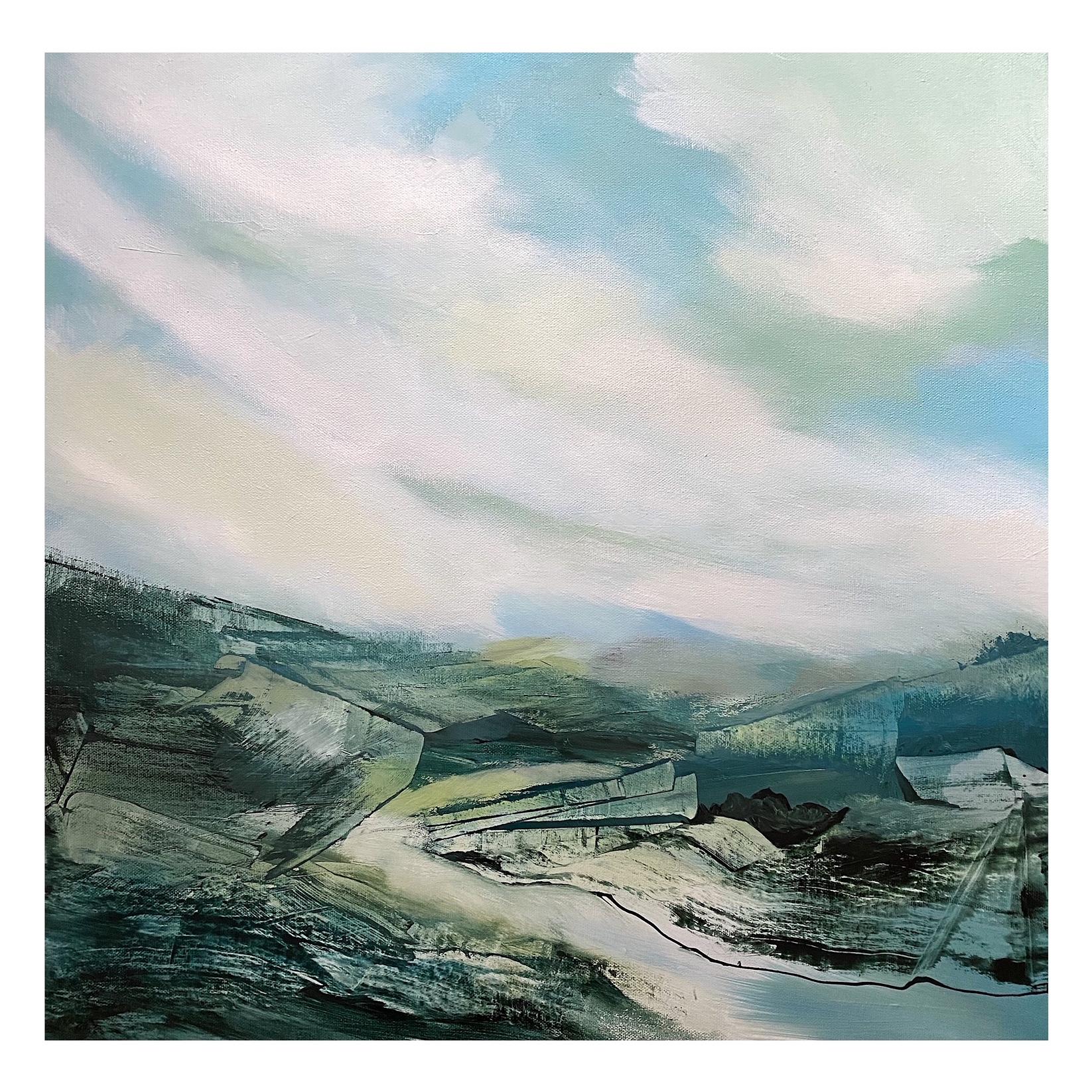 Abstract Painting Elaine Fox - Aquarelle, peinture de paysage écossaise contemporaine, art de paysage bleu et vert