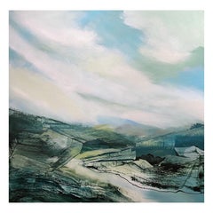 Aquarelle, peinture de paysage écossaise contemporaine, art de paysage bleu et vert
