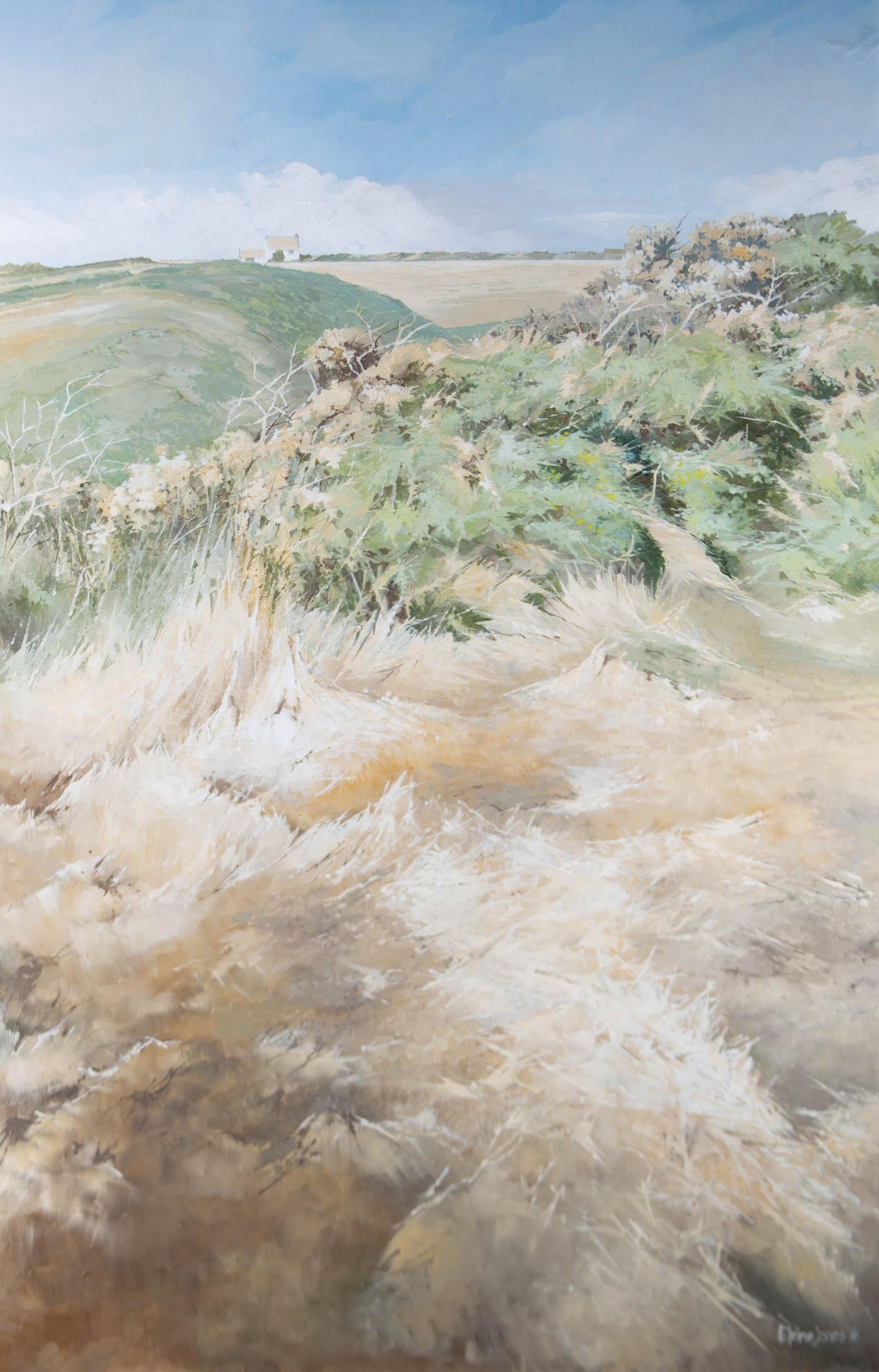 Twangs of nostalgia arise from this landscape depicted with muted tones and crisp brushwork. The artwork depicts a cottage hiding behind rolling hills of sandy foliage and grass in a peaceful manner. The artwork is signed and dated. Well presented