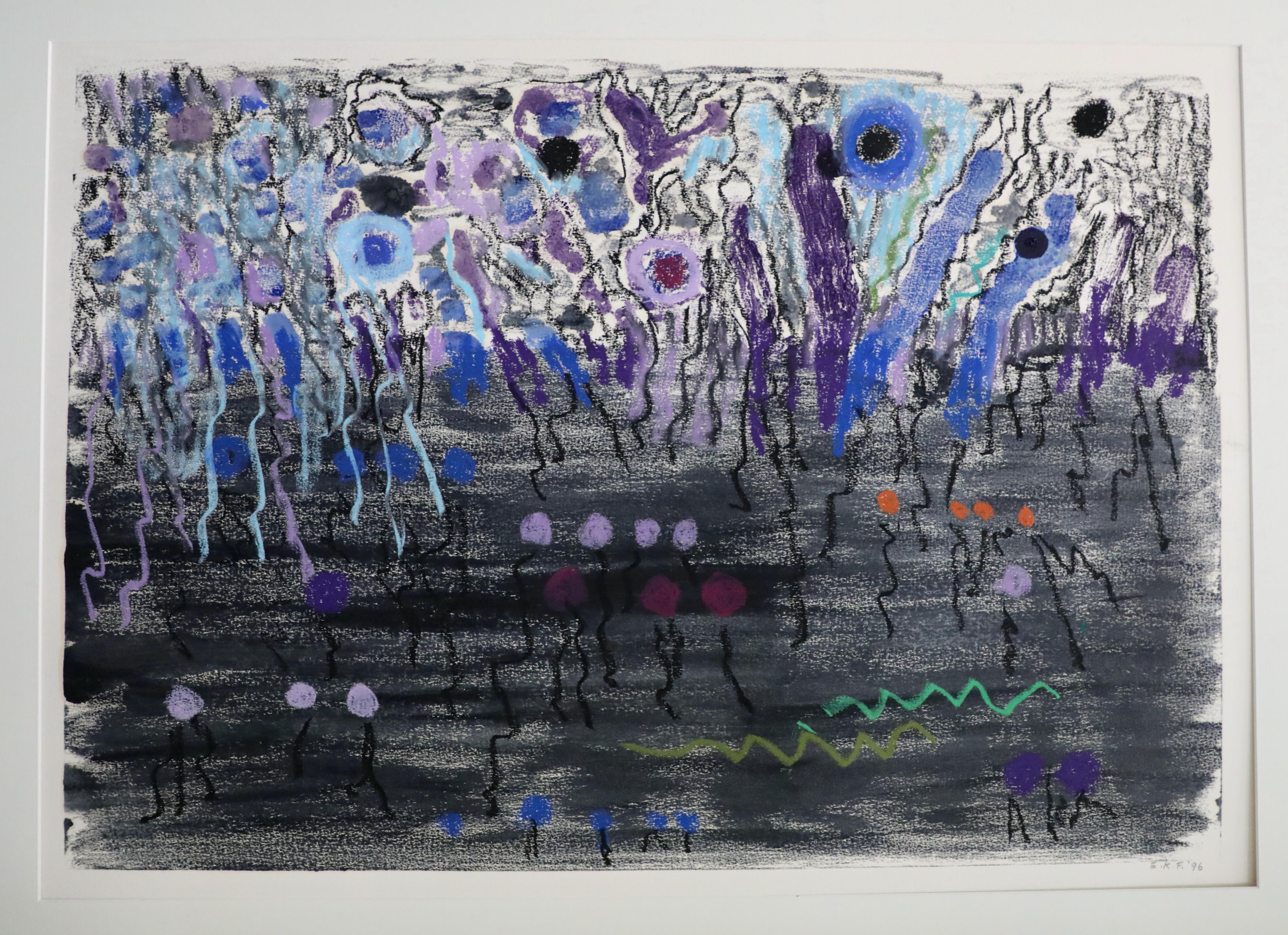 Elaine Kaufman Feiner Abstract Painting - Abstract Monoprint, Oil and Chalk on Paper, "Seeds III"
