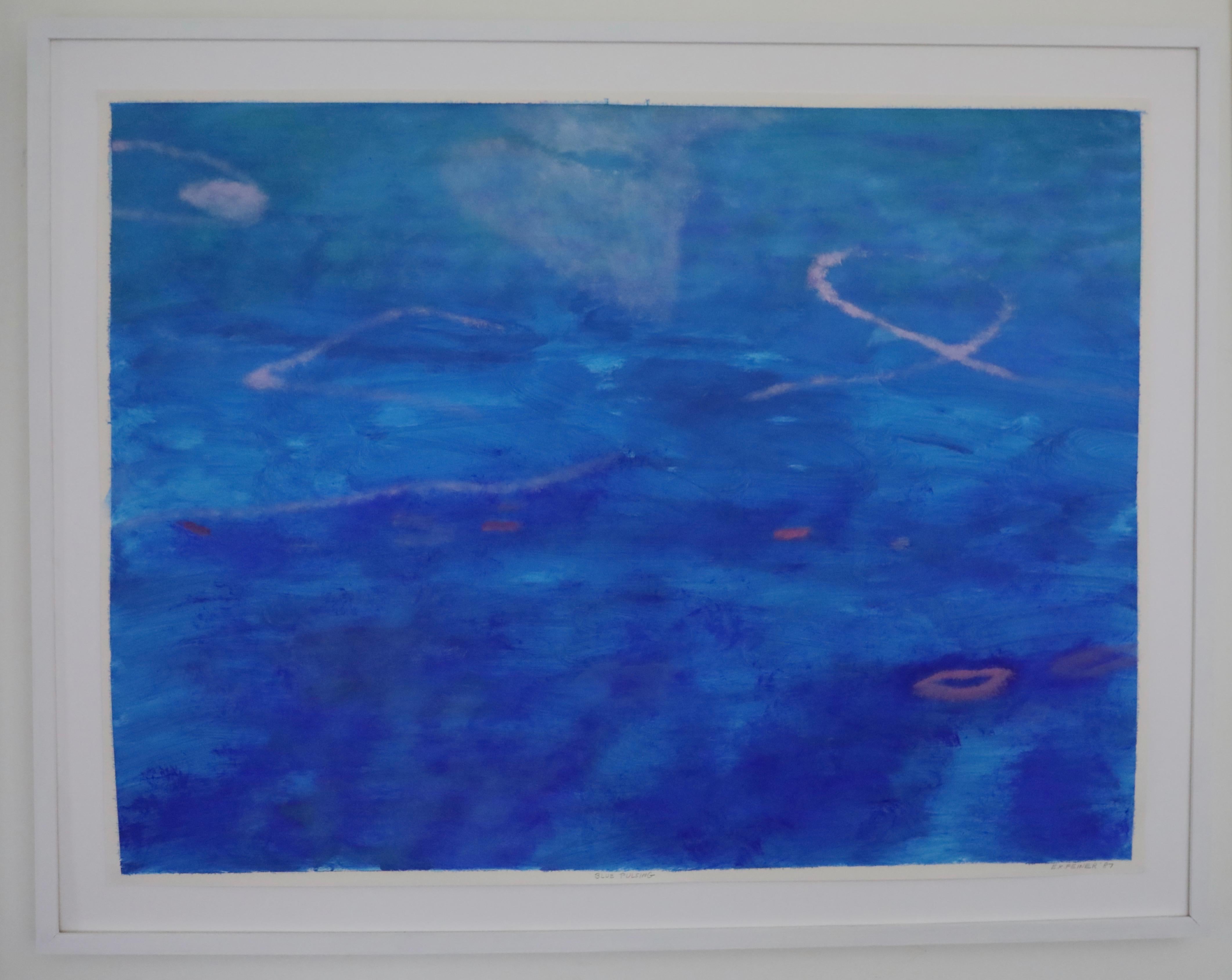 Elaine Kaufman Feiner Abstract Painting - Abstract Oil and Chalk on Paper, "Blue Pulsing"