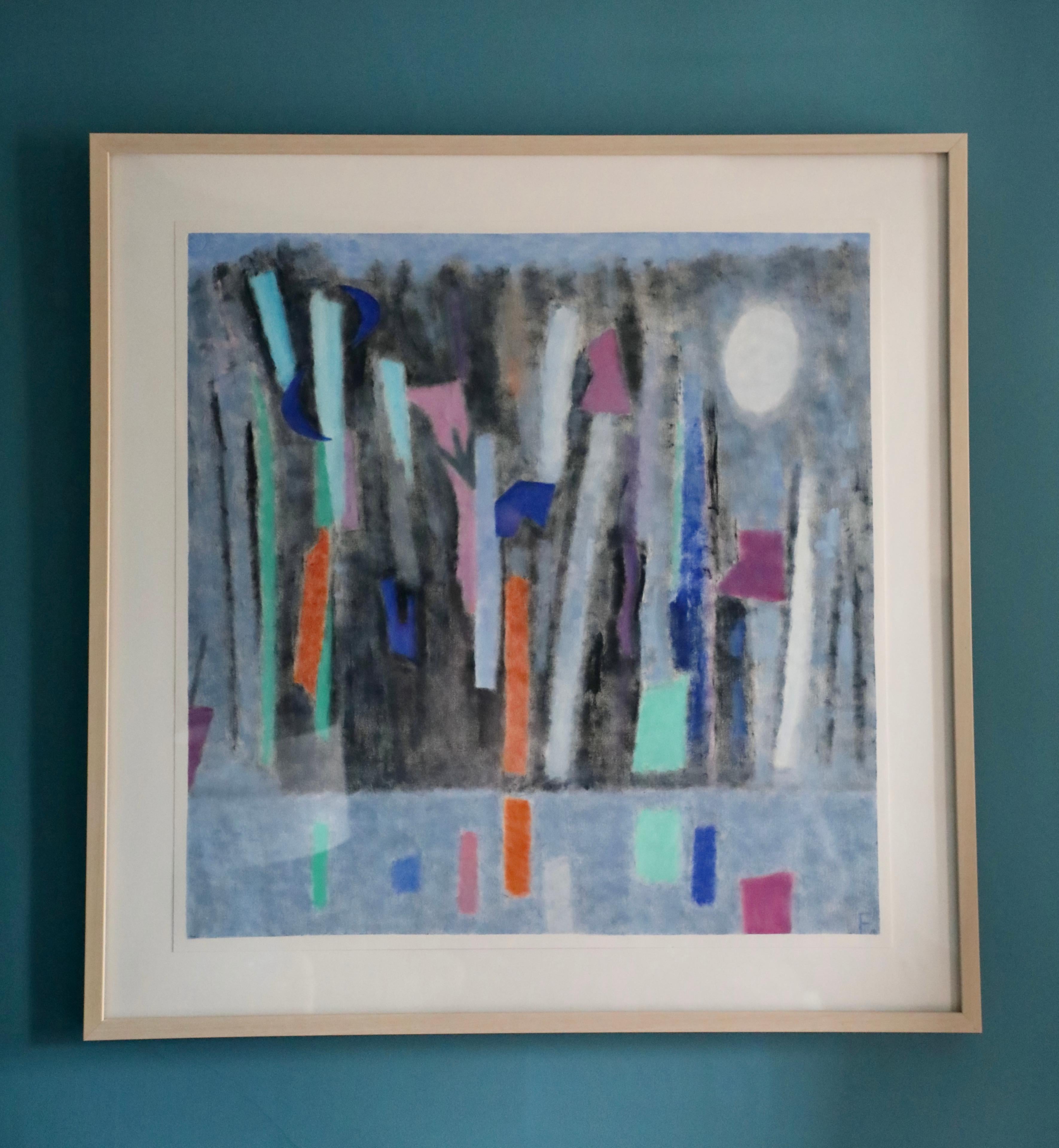 Elaine Kaufman Feiner Abstract Painting - Abstract Oil on Paper, "Midnight-Moonlight"