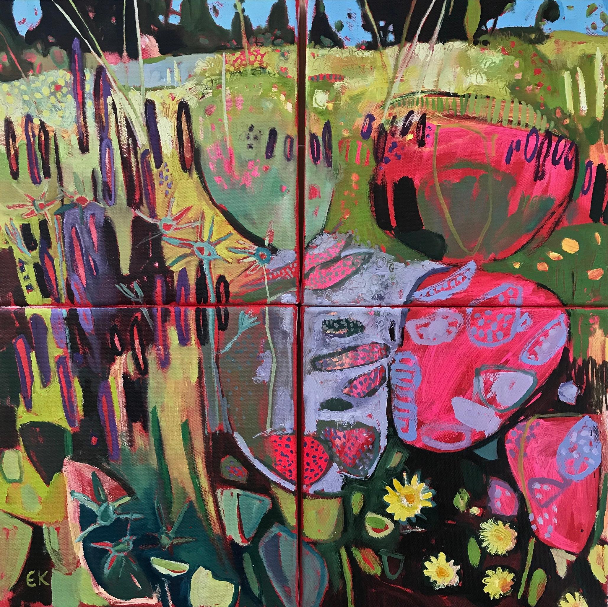 Elaine Kazimierczuk  Abstract Painting - Small Polyptych Hot Colours in the Merton Beds Oxford Botanic Gardens, original 