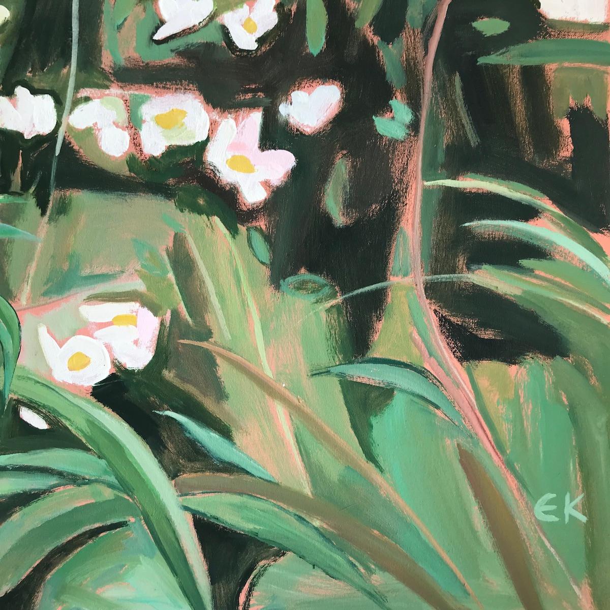 Summer hedgerows with Dog & Roses, Elaine Kazimierczuk, Original floral art - Gray Landscape Painting by Elaine Kazimierczuk 